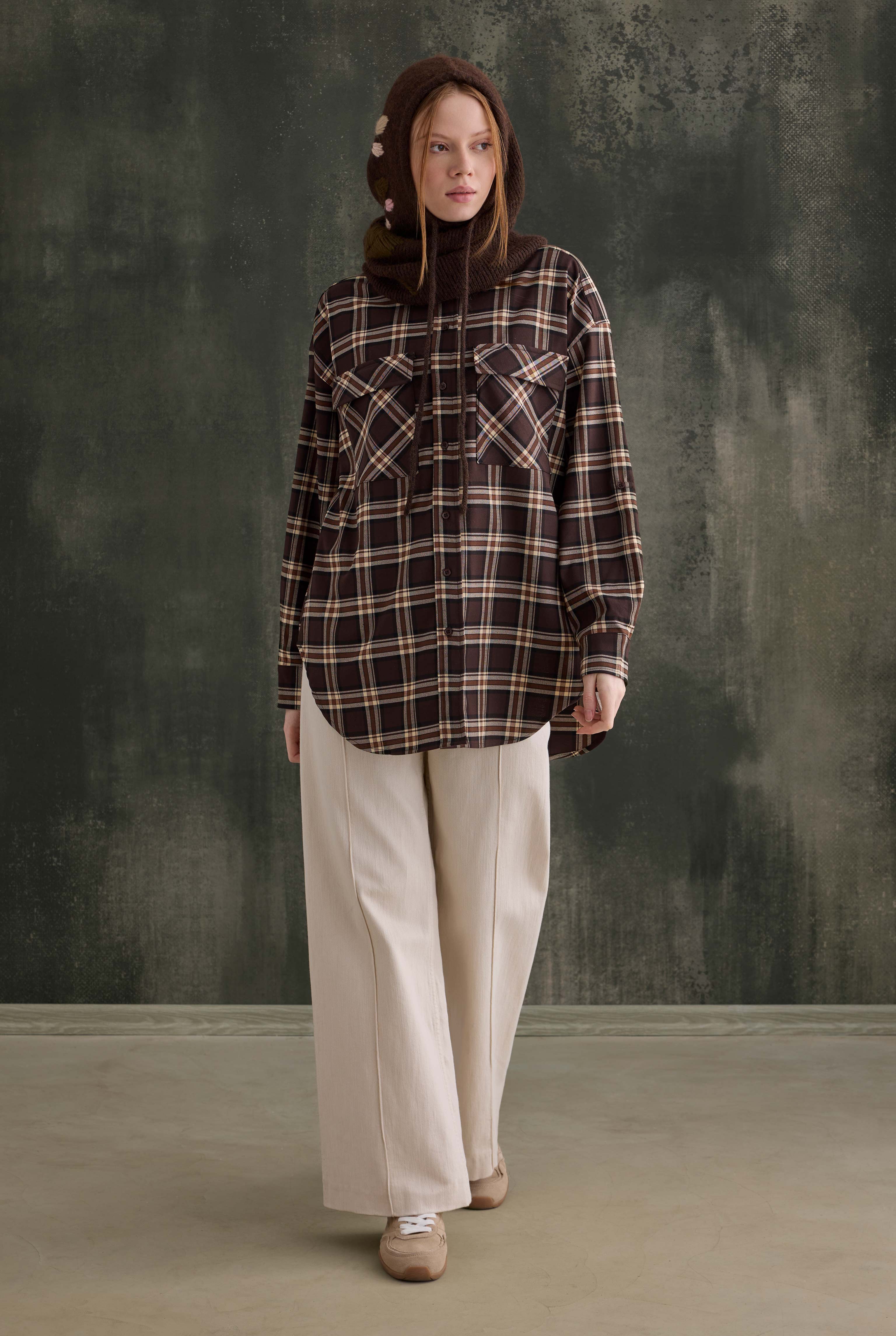 Pocket Detailed Plaid Shirt Dark Brown - 4