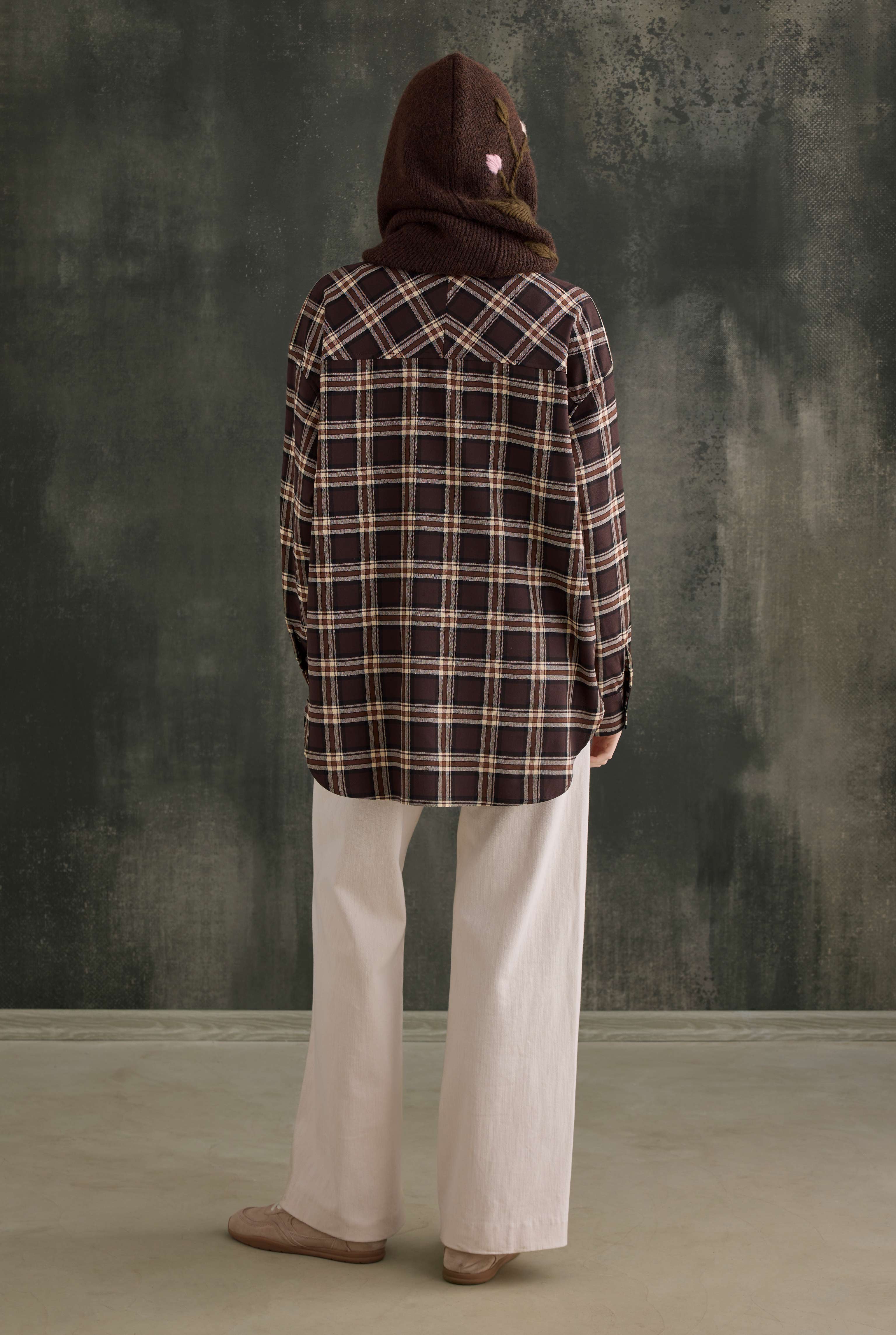 Pocket Detailed Plaid Shirt Dark Brown - 5