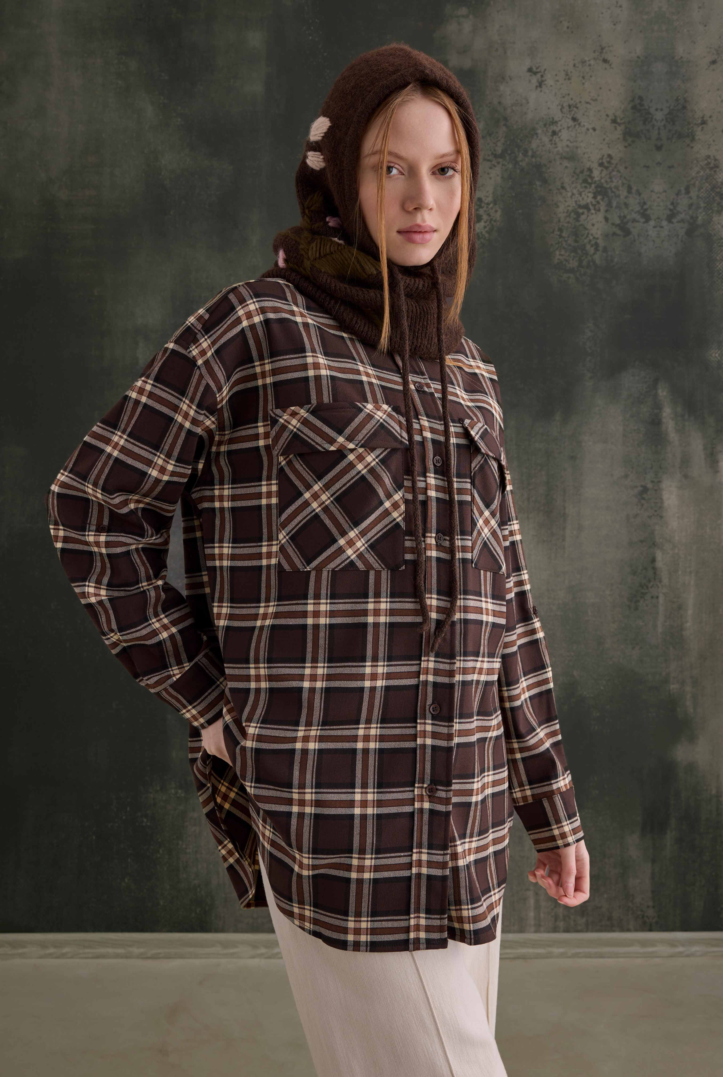 Pocket Detailed Plaid Shirt Dark Brown - 2