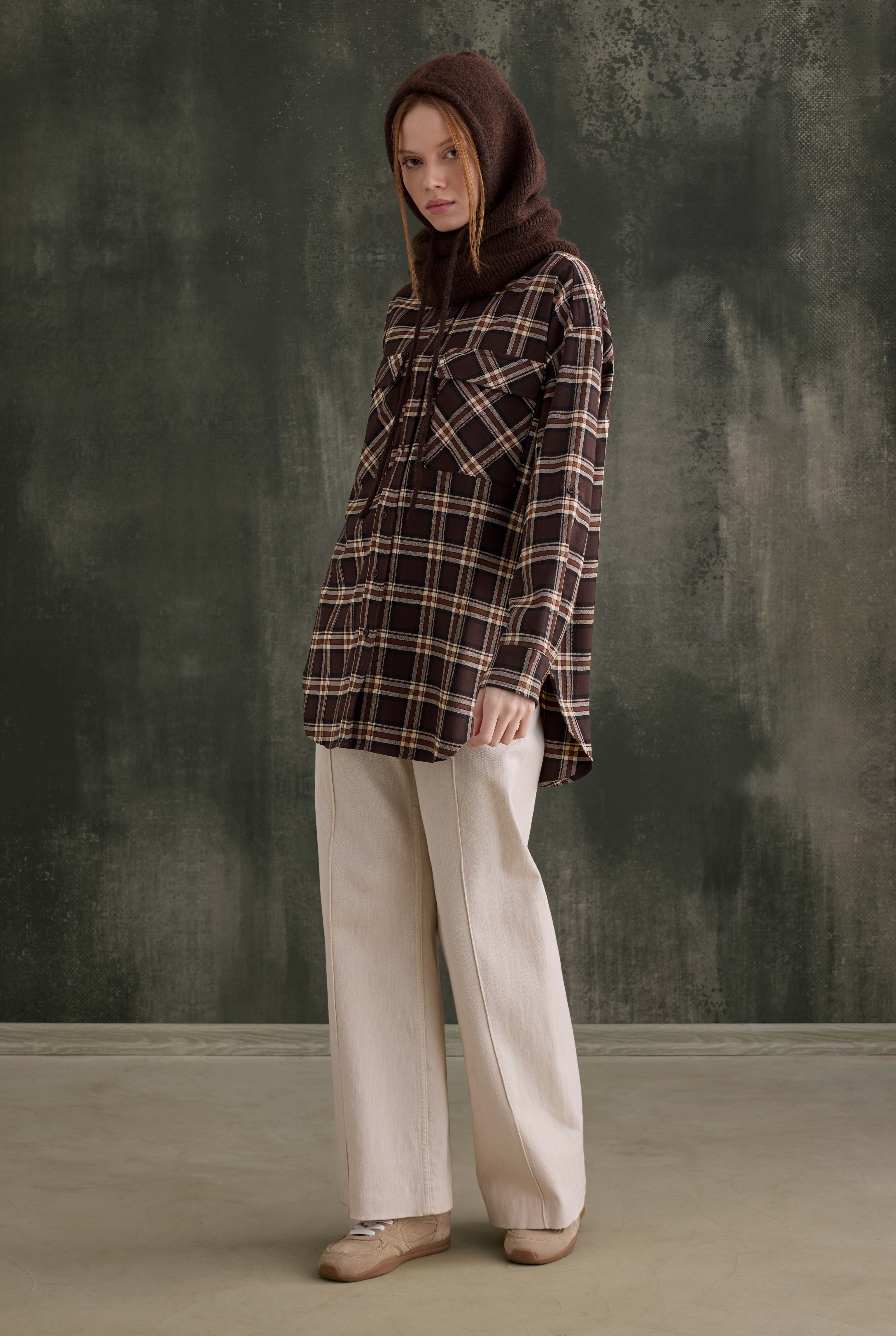 Pocket Detailed Plaid Shirt Dark Brown - 3