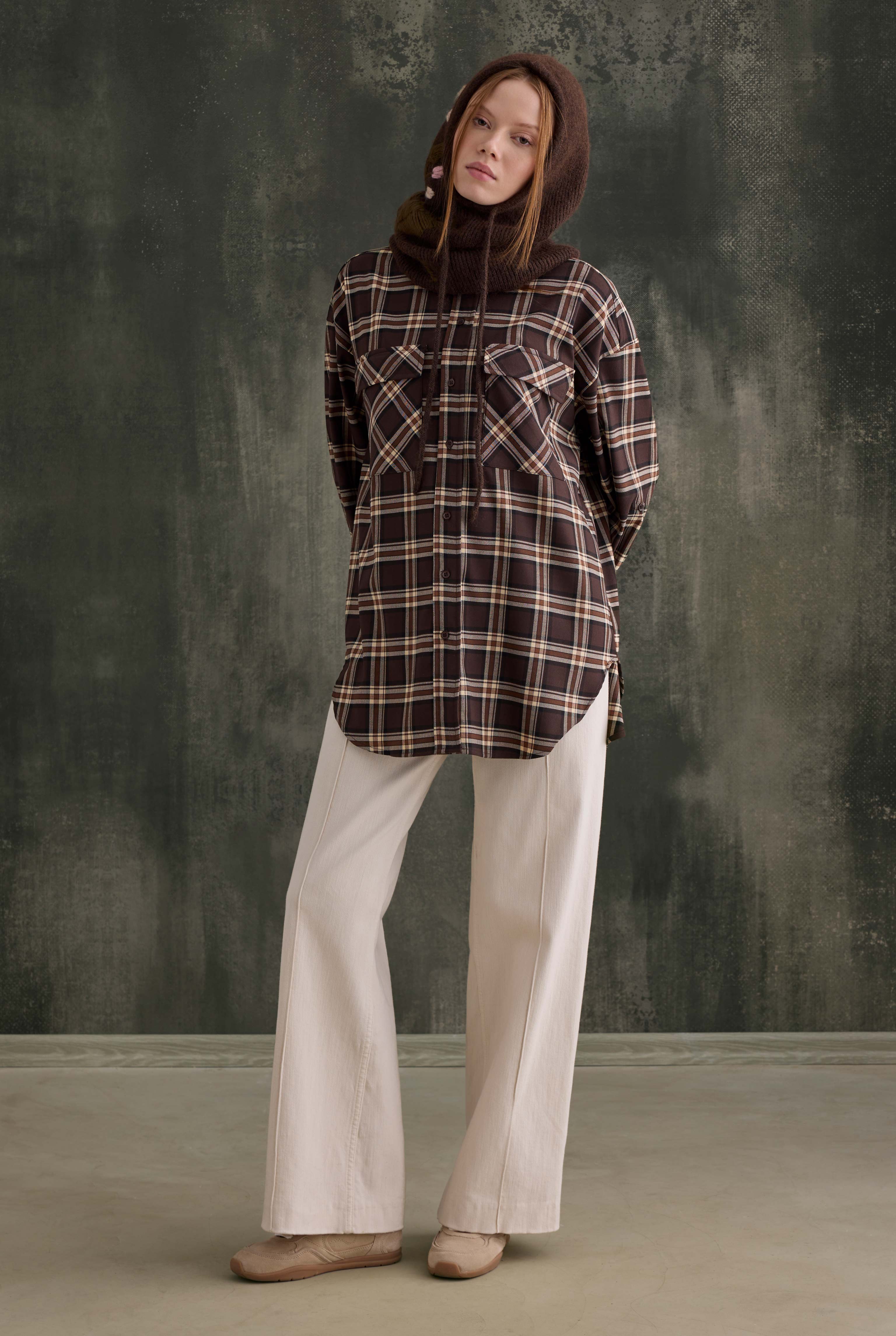 Pocket Detailed Plaid Shirt Dark Brown - HE-QA