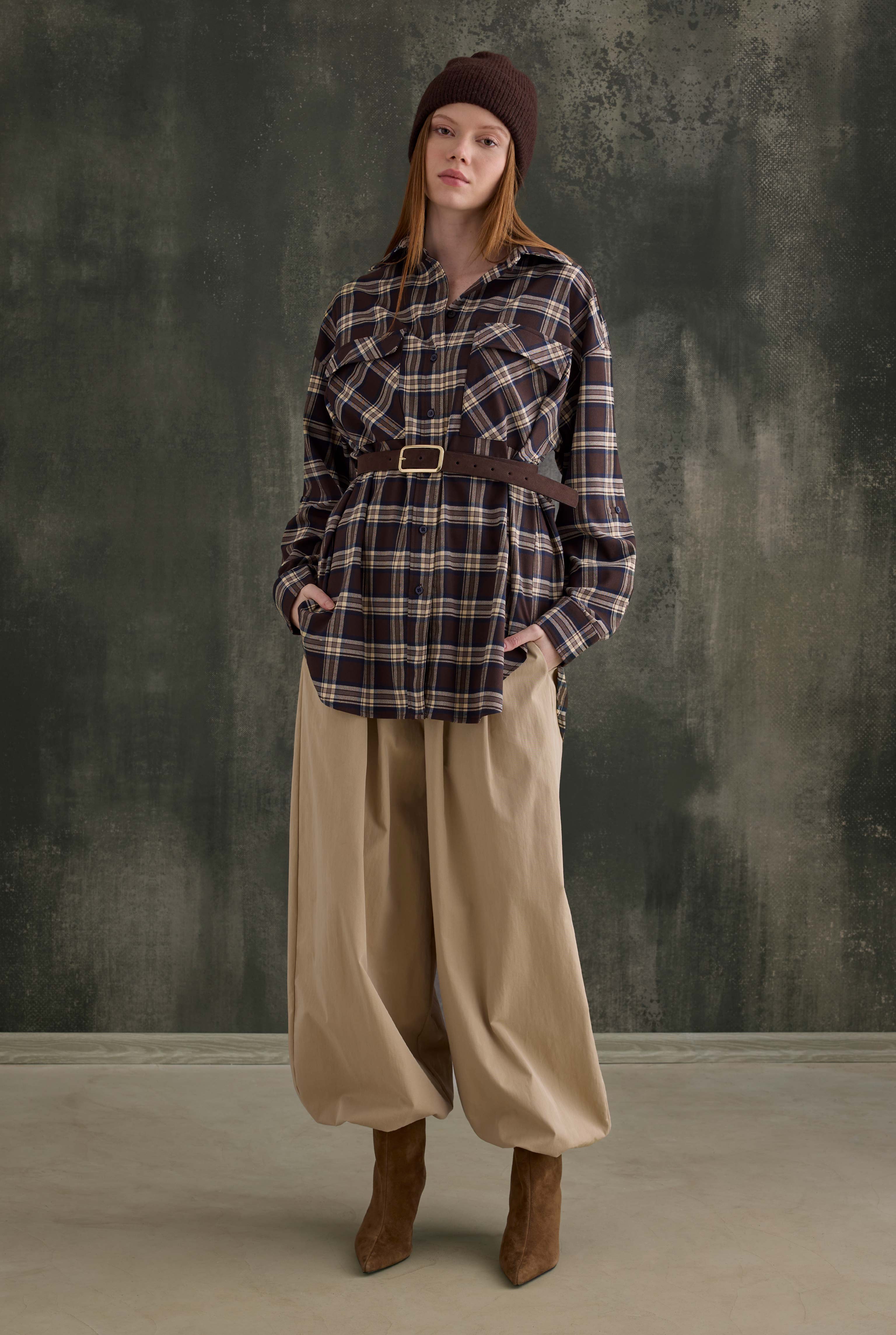 Pocket Detailed Plaid Shirt Brown - 2