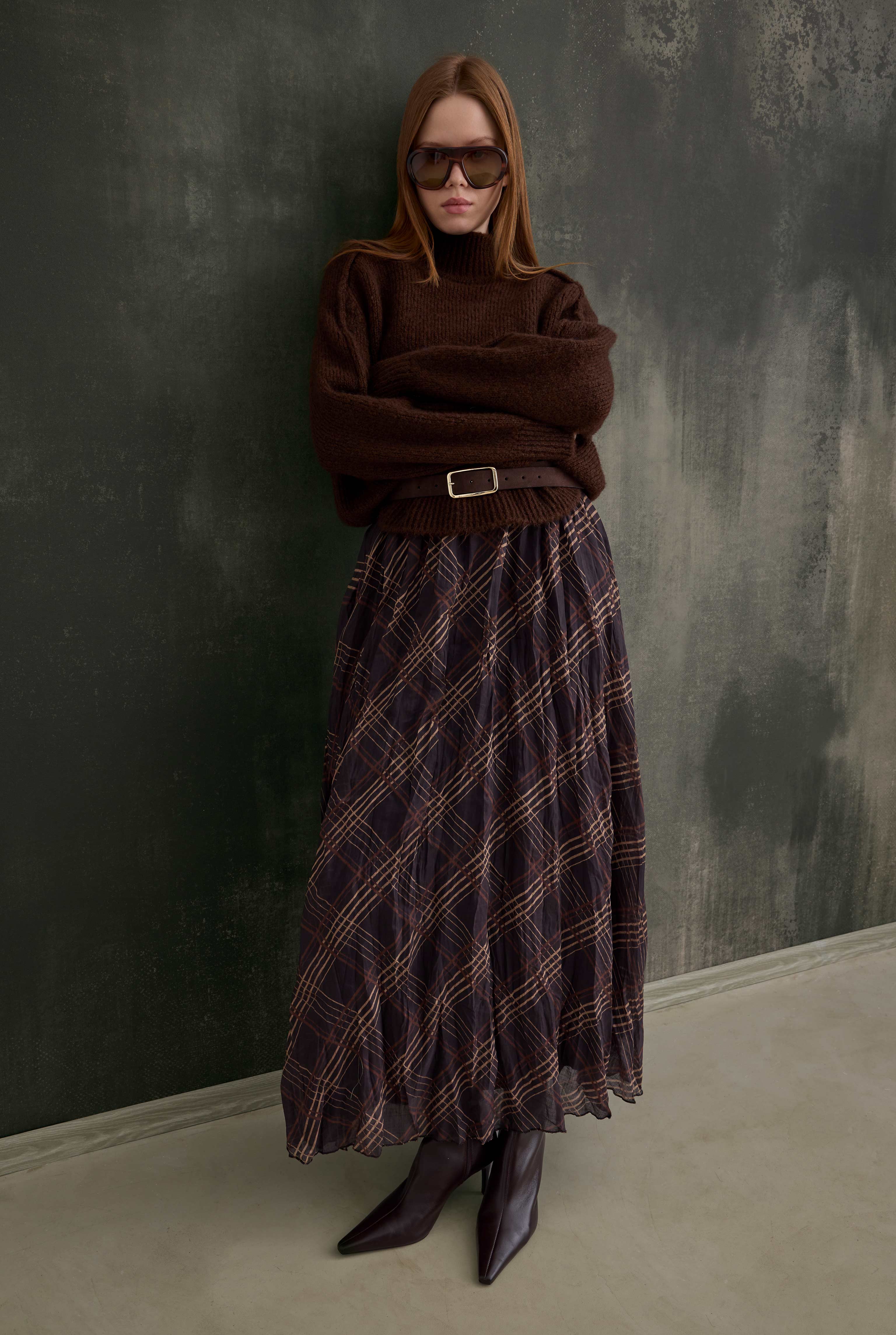 Wrinkled Checkered Voile Skirt - HE-QA