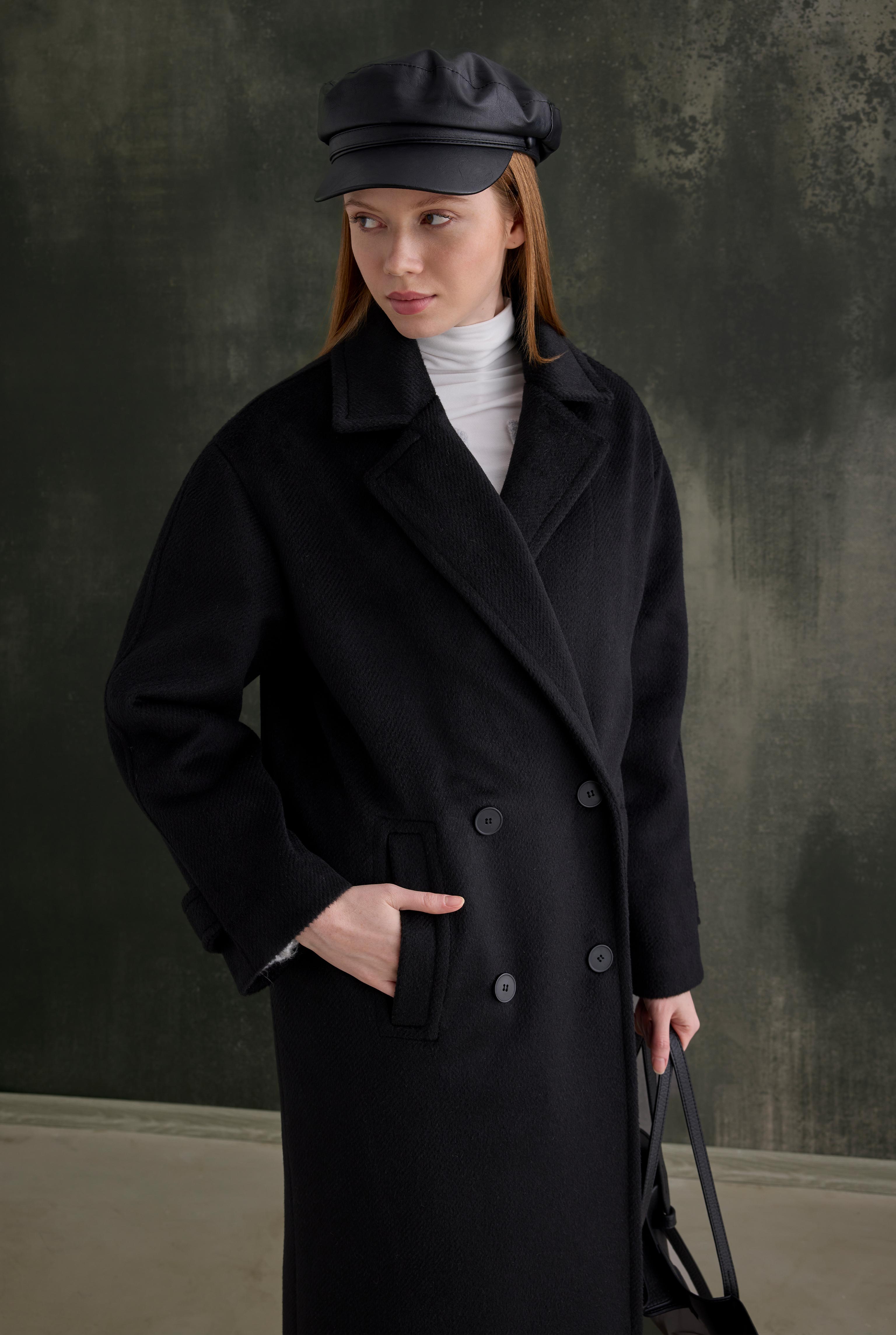 Double-Breasted Long Coat Black - 2