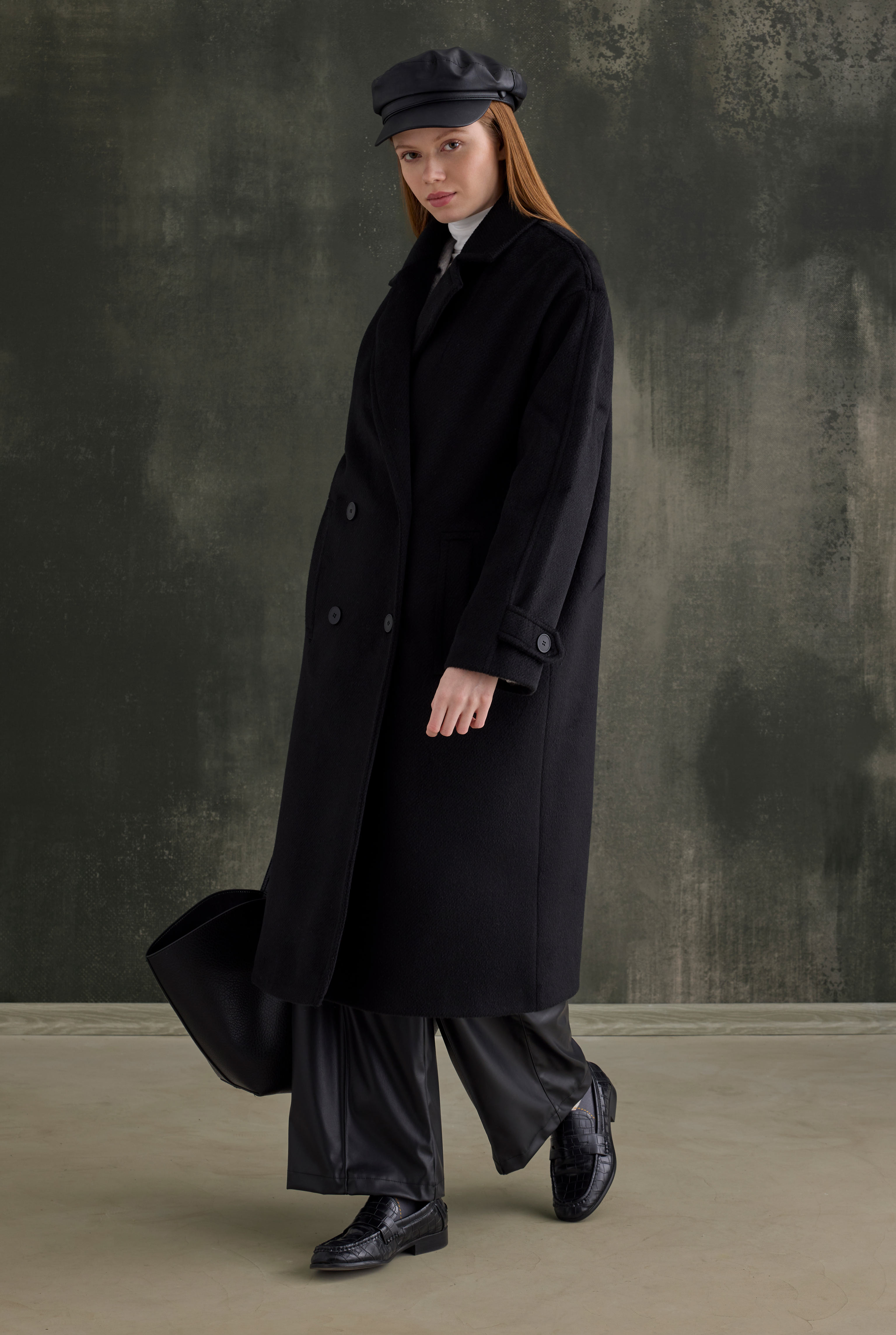 Double-Breasted Long Coat Black - 1