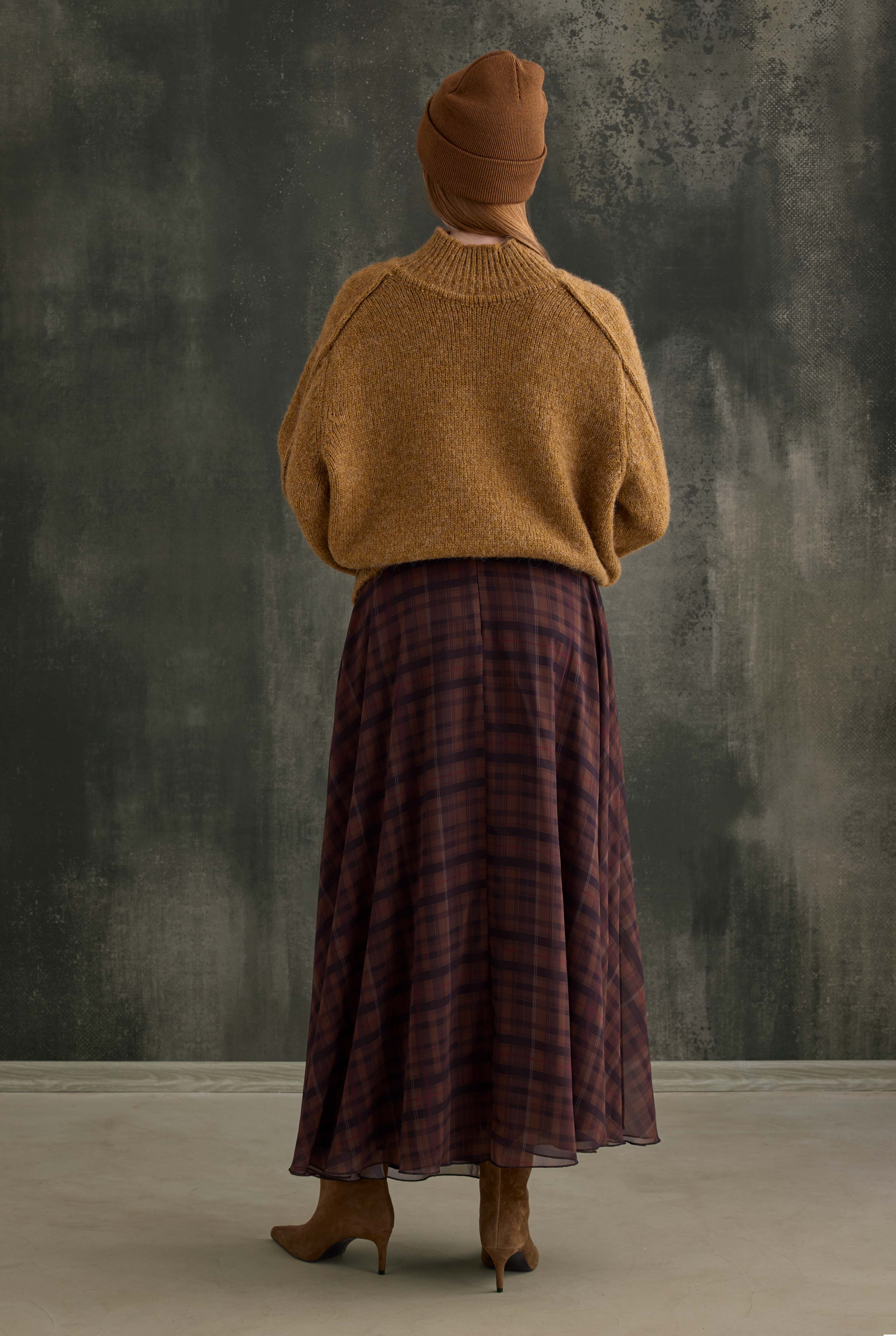 Chiffon Plaid Skirt Camel - 5