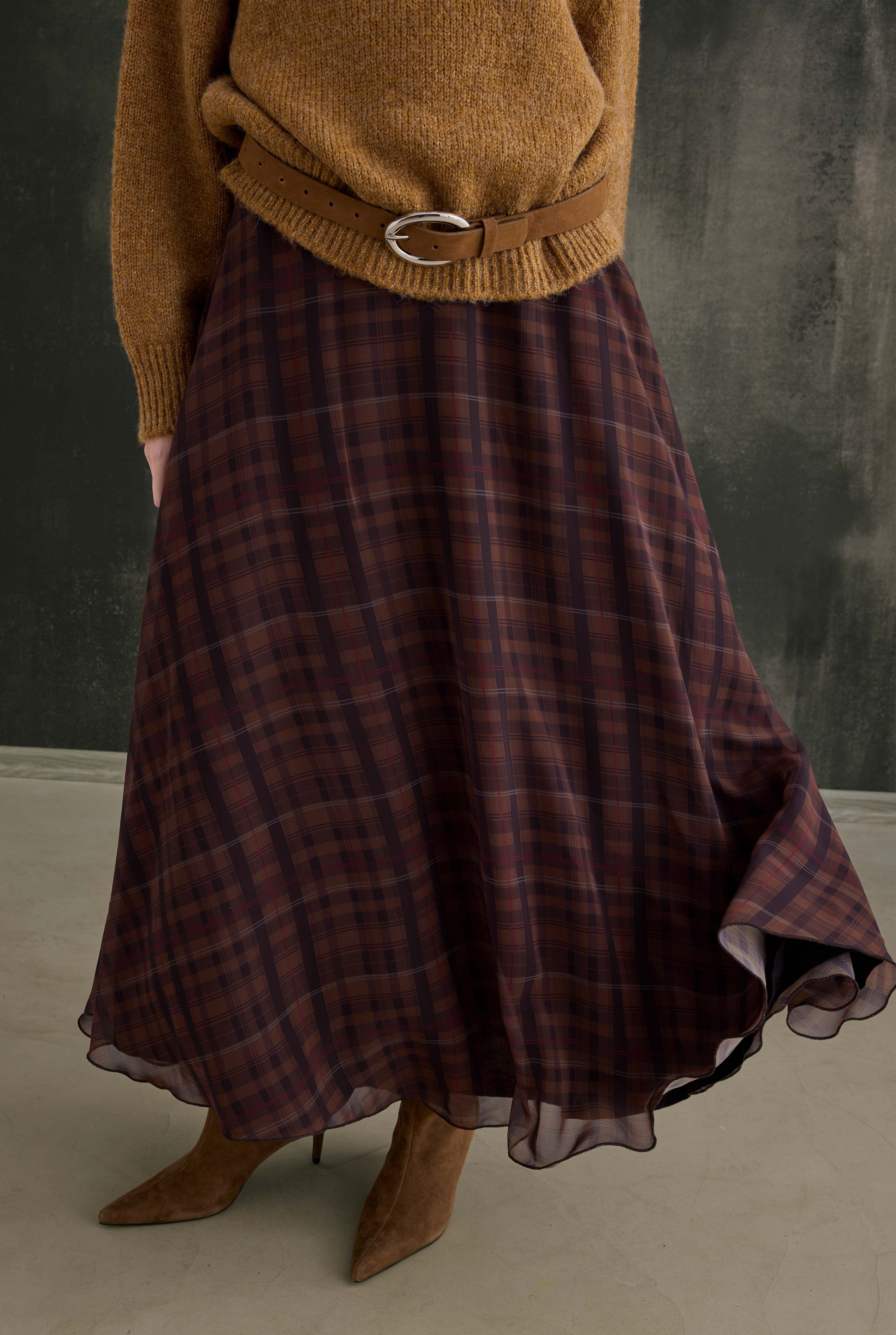 Chiffon Plaid Skirt Camel - 2
