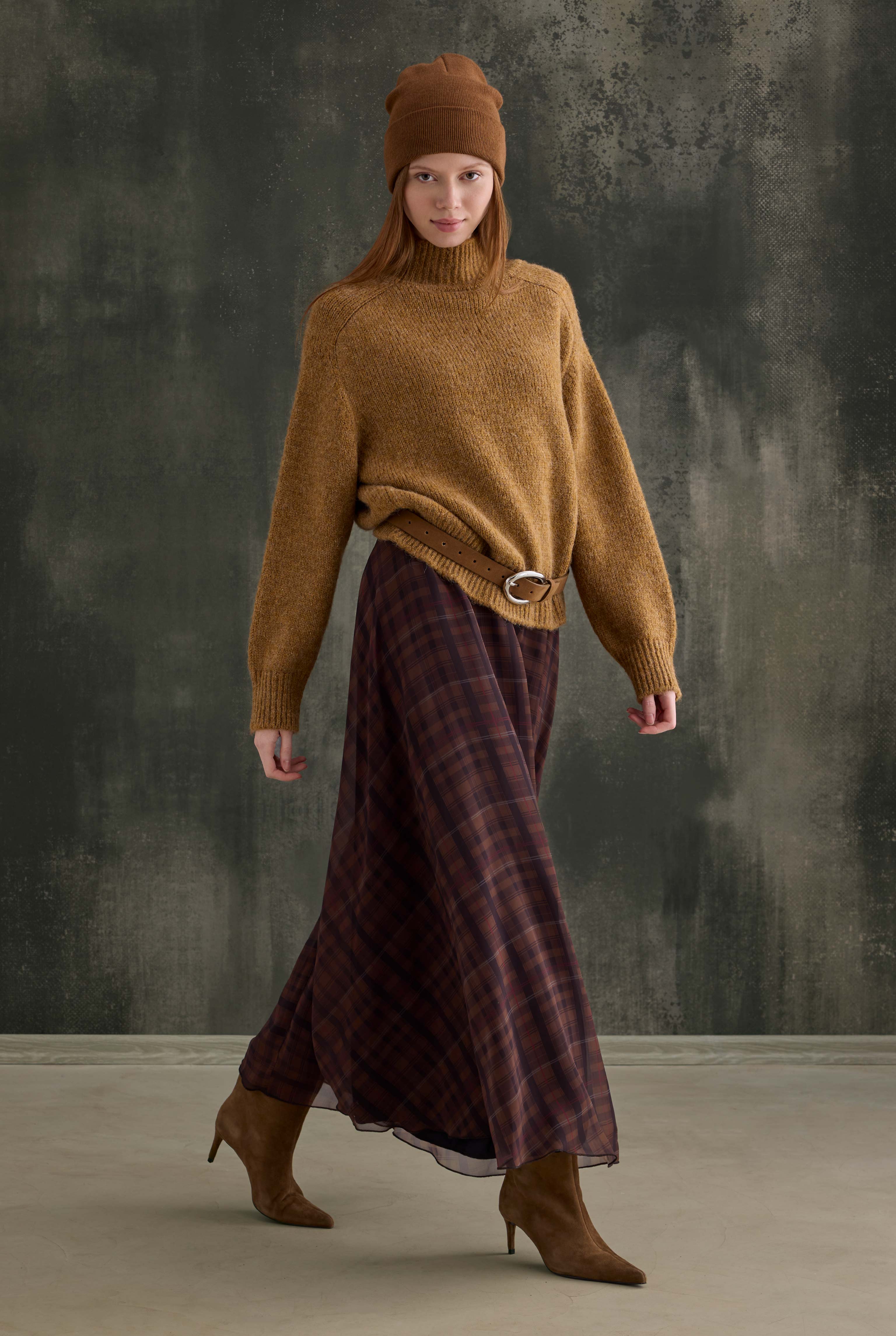 Chiffon Plaid Skirt Camel - 3