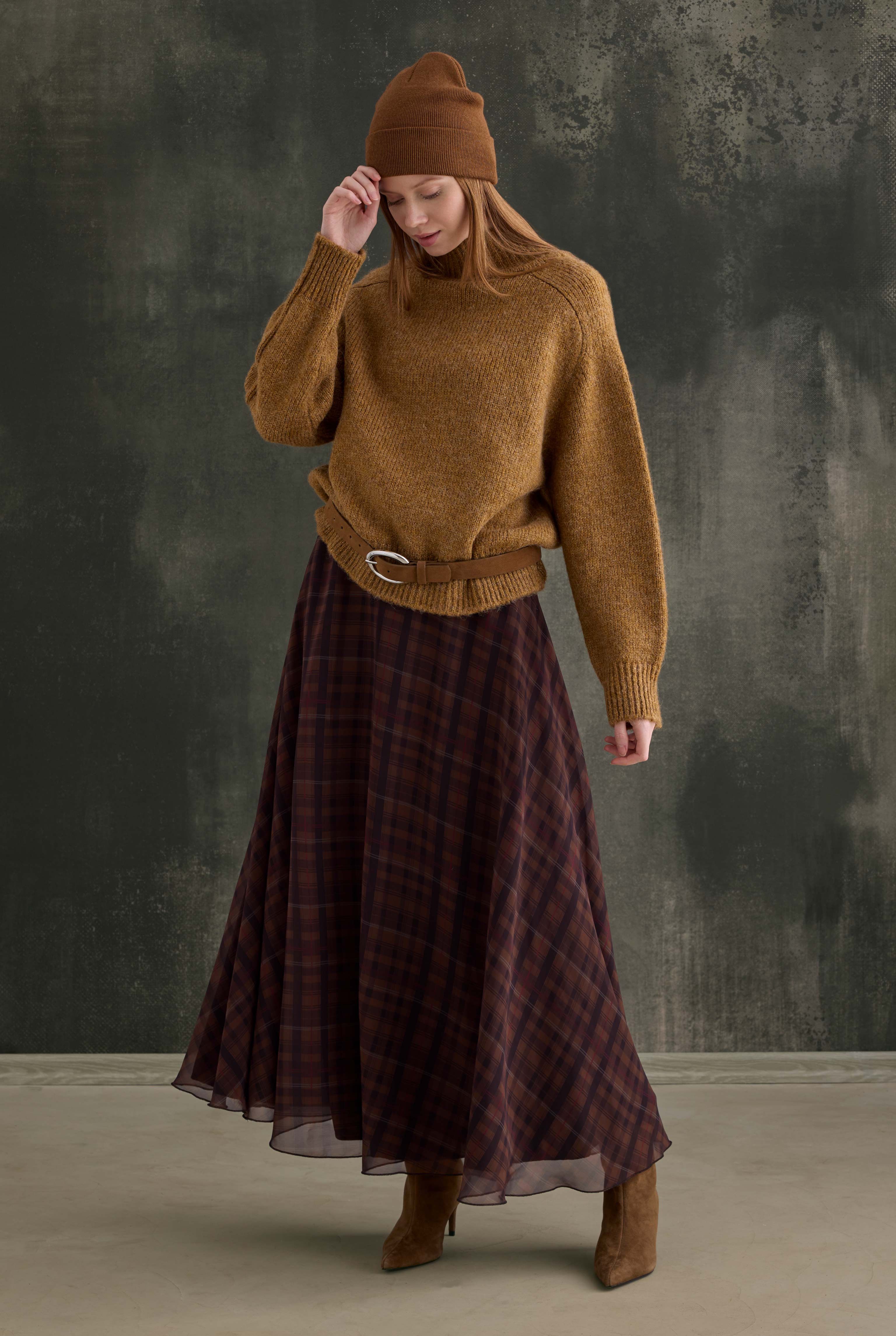 Chiffon Plaid Skirt Camel - 4
