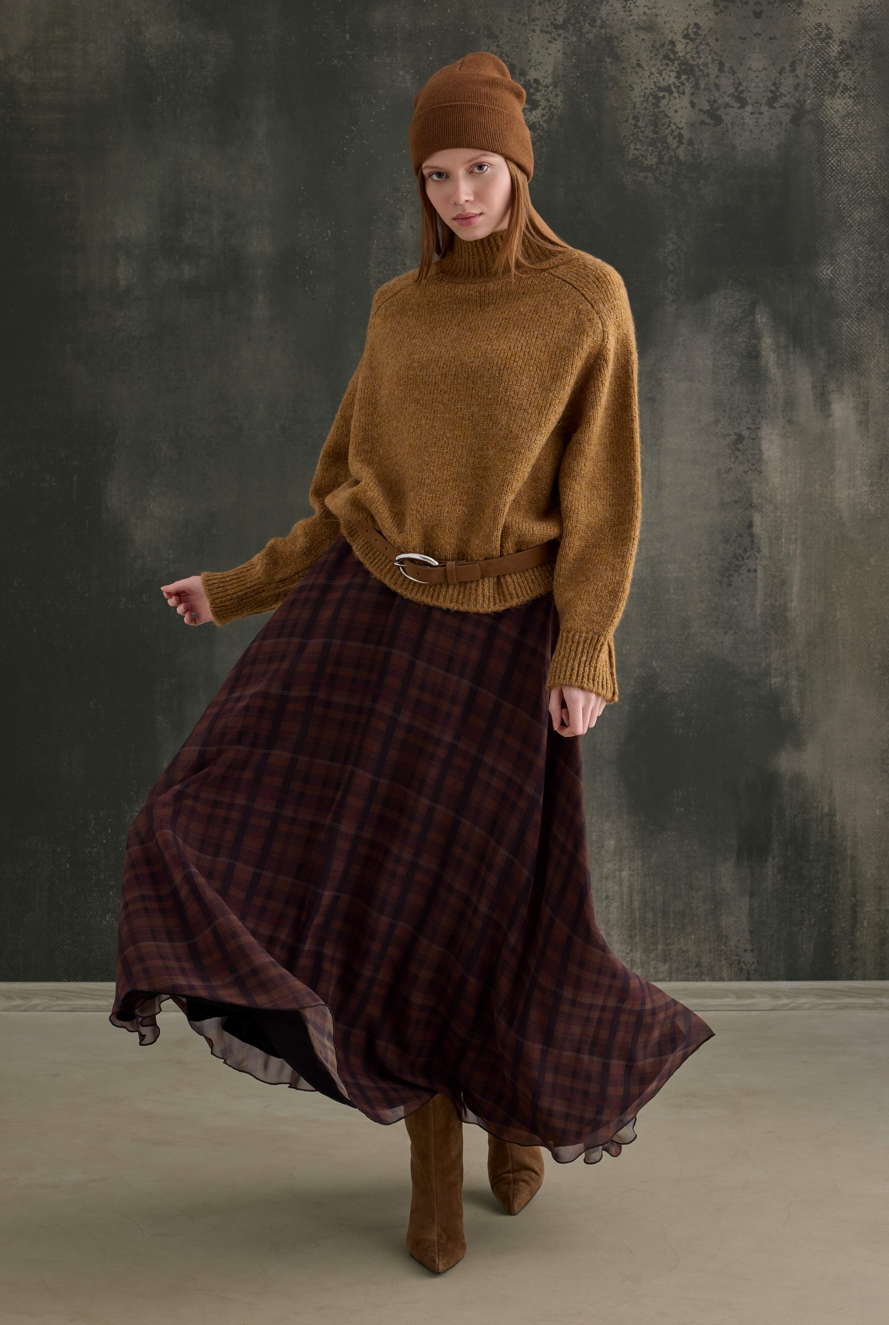 Chiffon Plaid Skirt Camel - 1