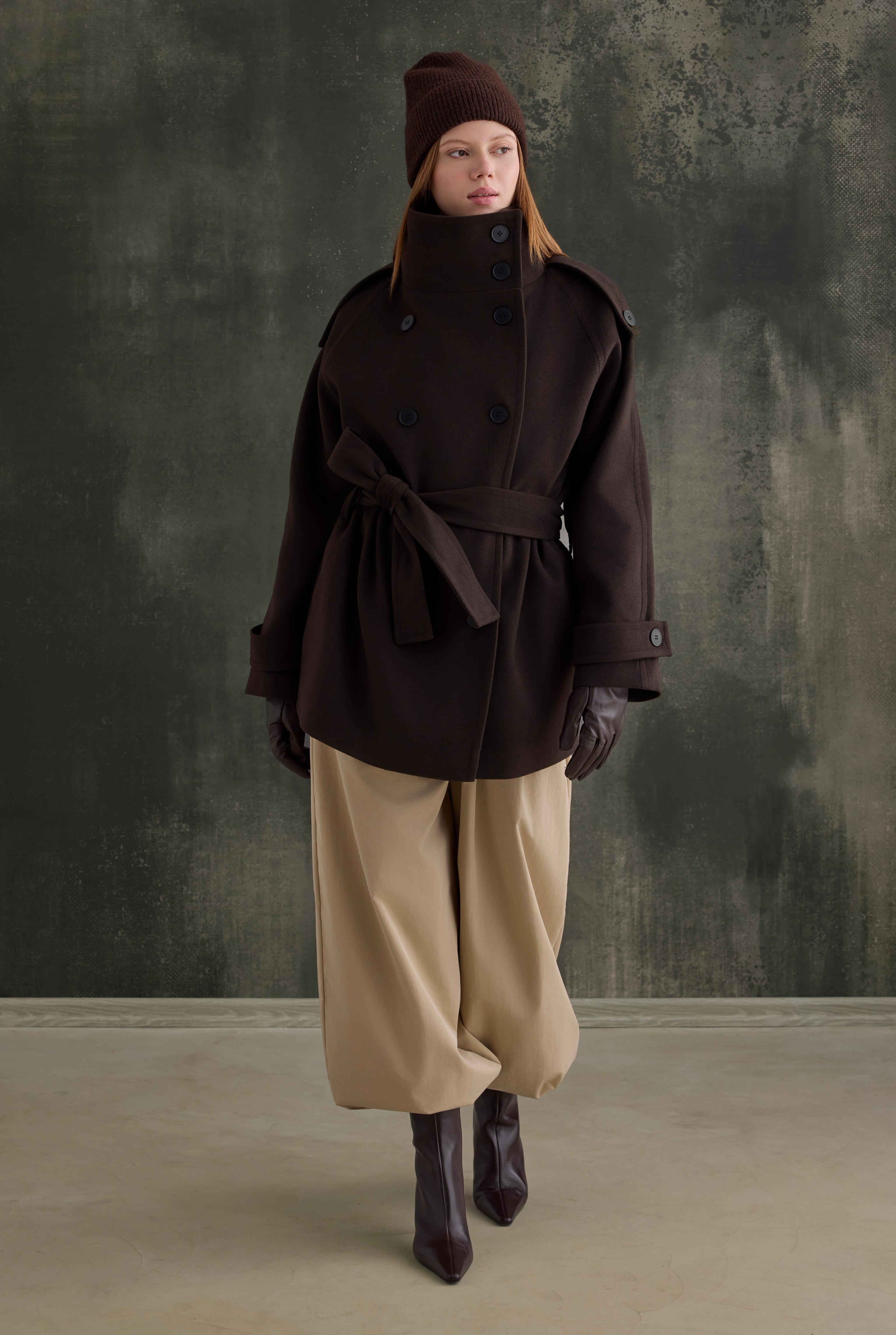 High-Neck Coat Dark Brown - HE-QA