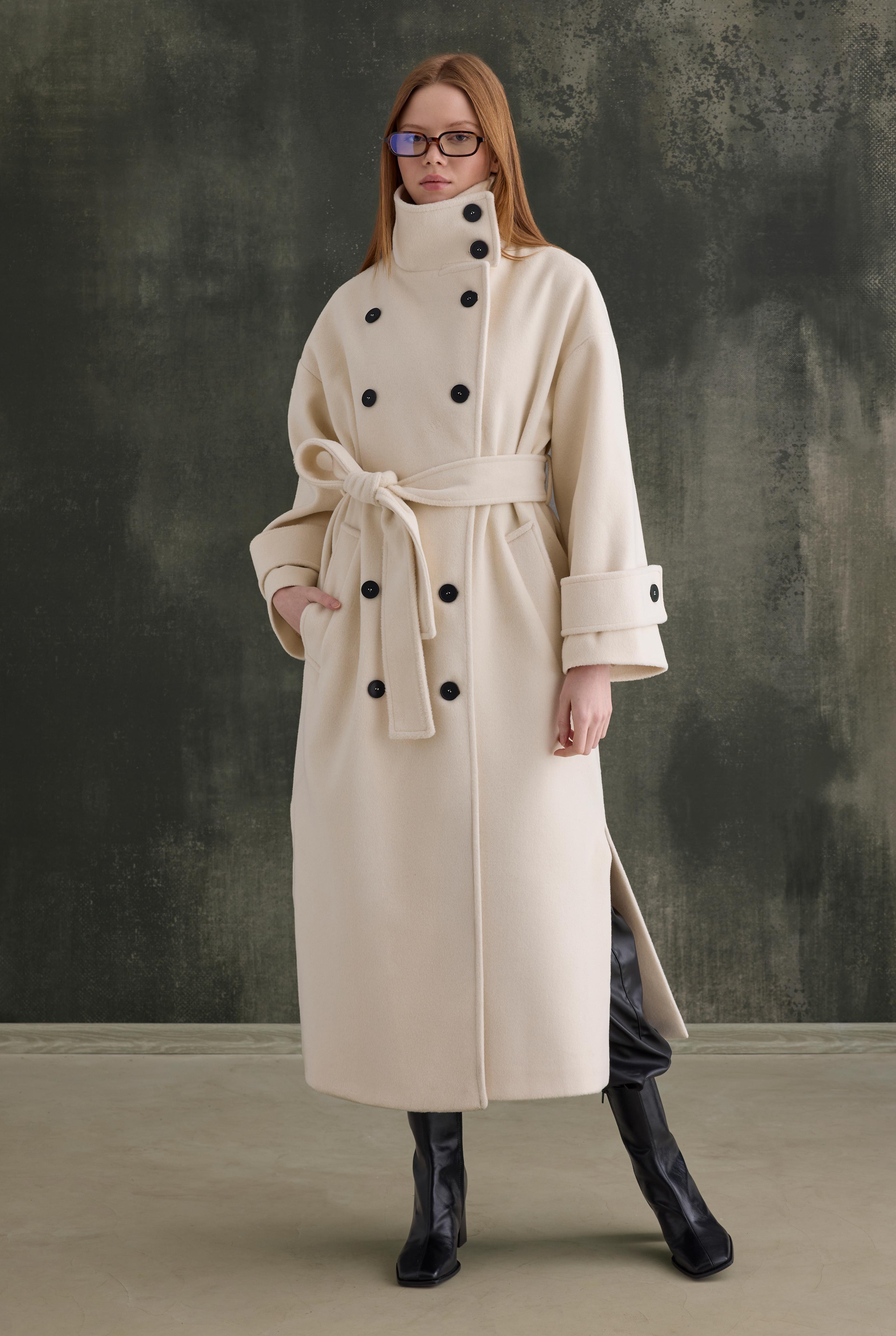 Funnel Neck Long Coat Ecru - 3