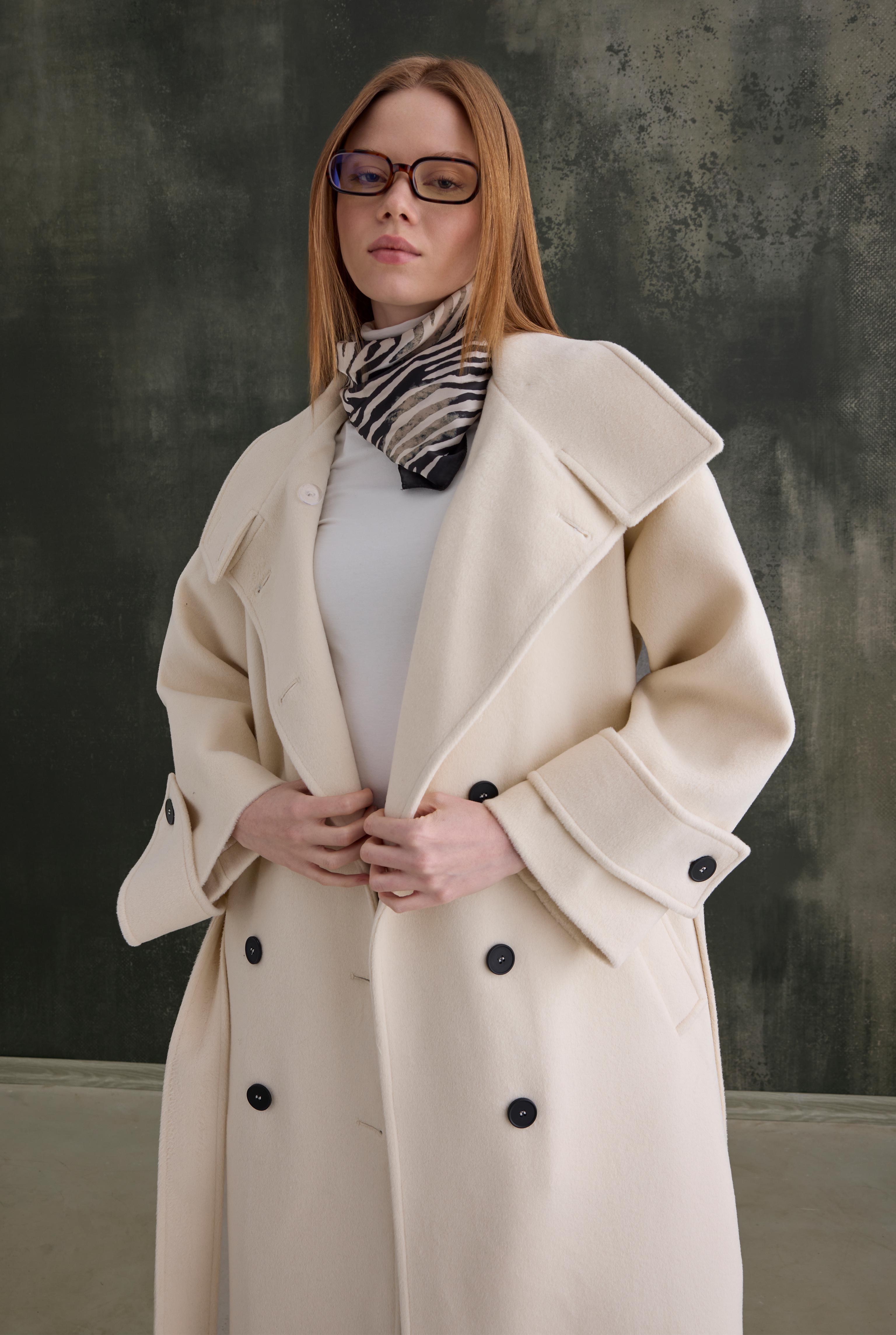 Funnel Neck Long Coat Ecru - 4