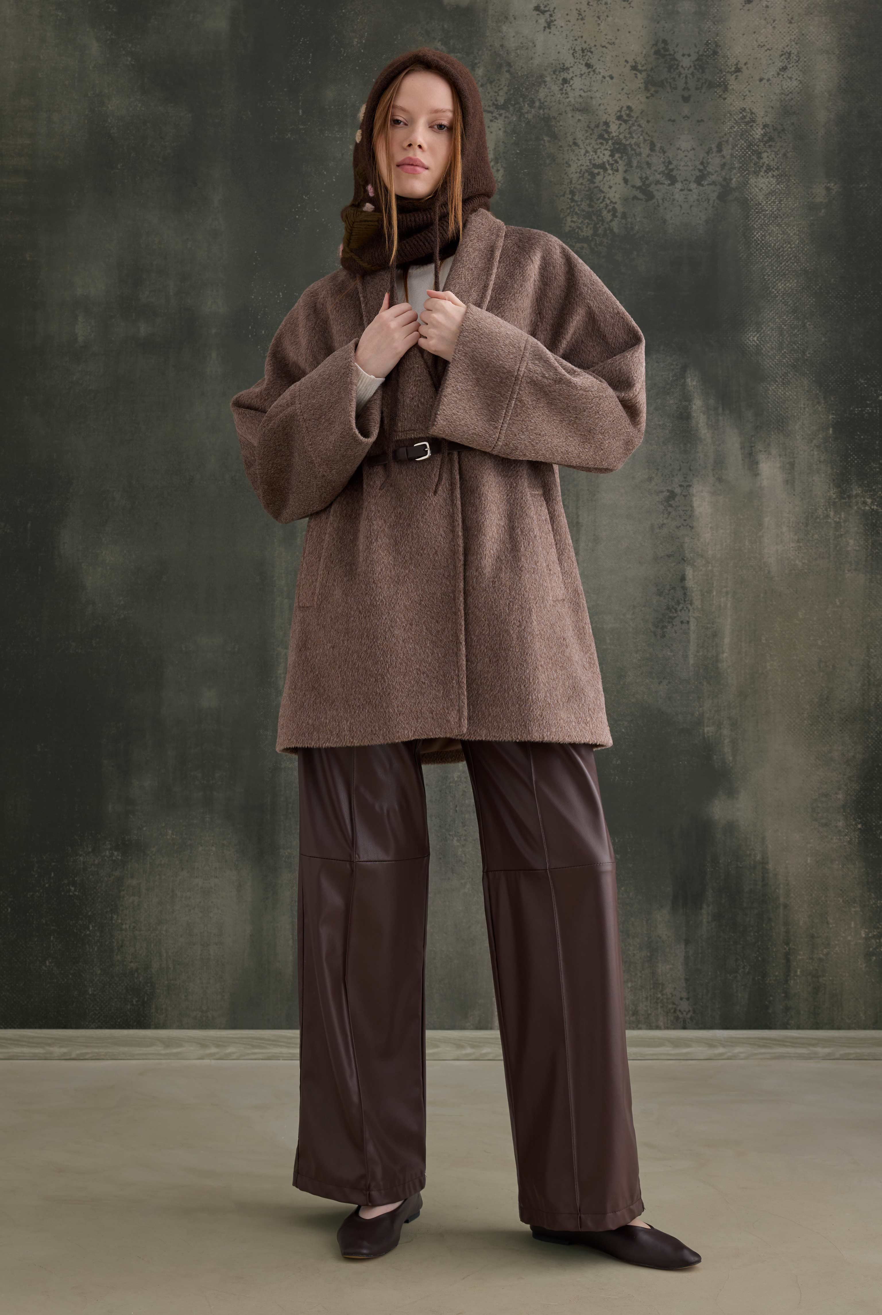 Belt Detailed Coat Brown - 4