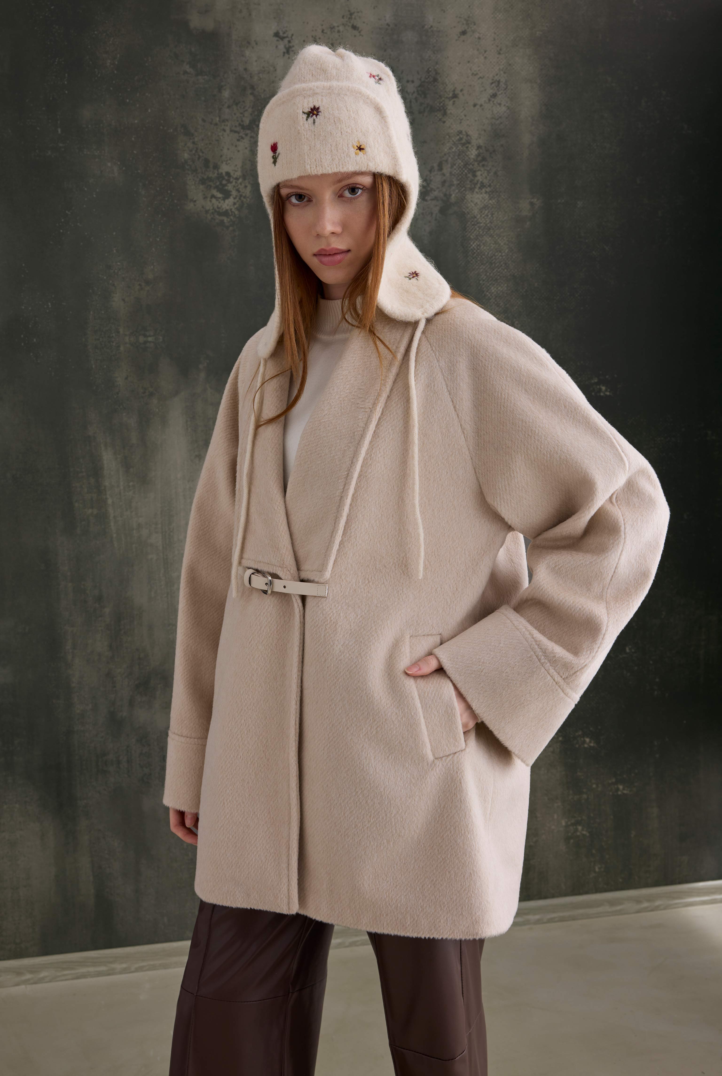 Belt Detailed Coat Bone - 1
