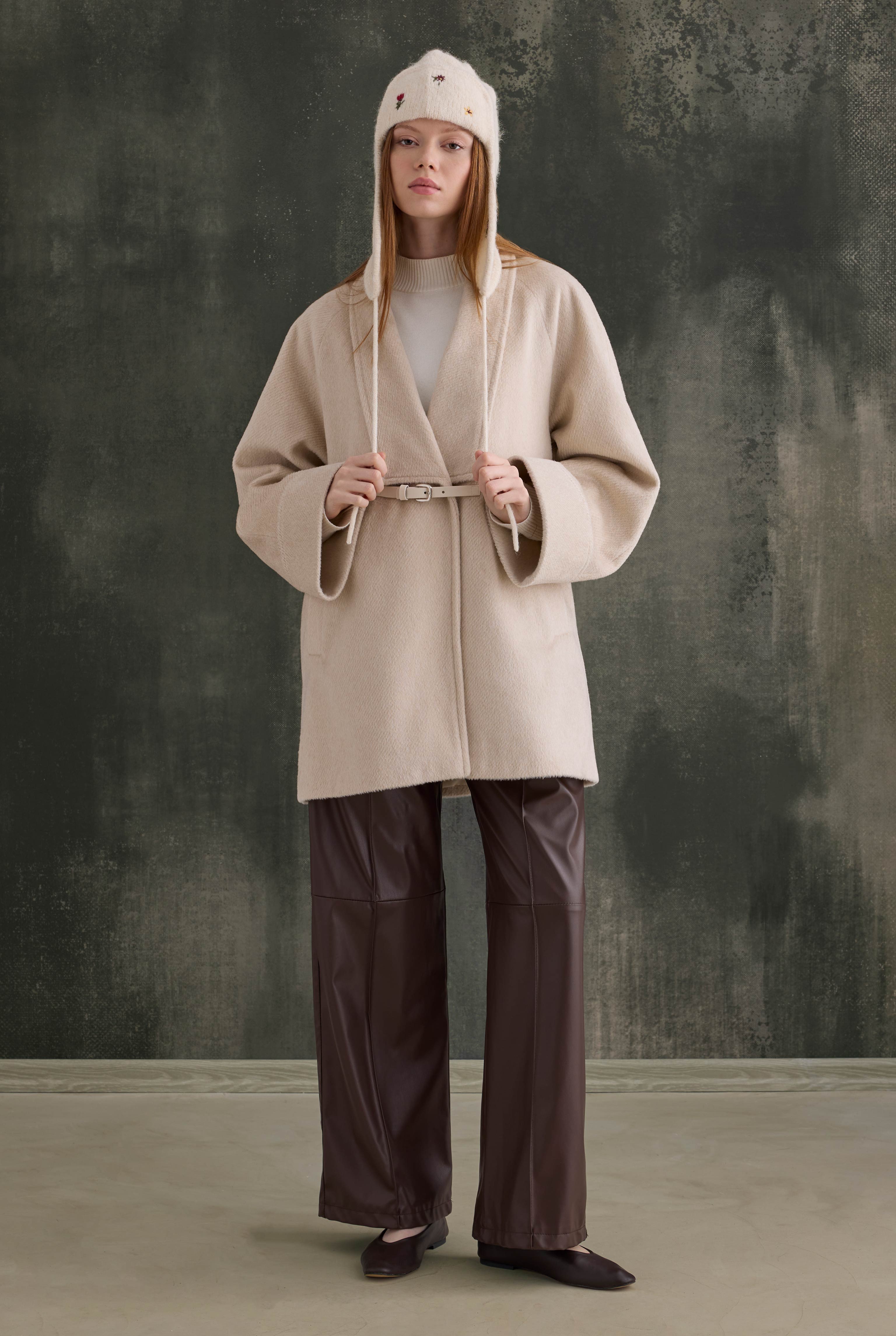 Belt Detailed Coat Bone - 2