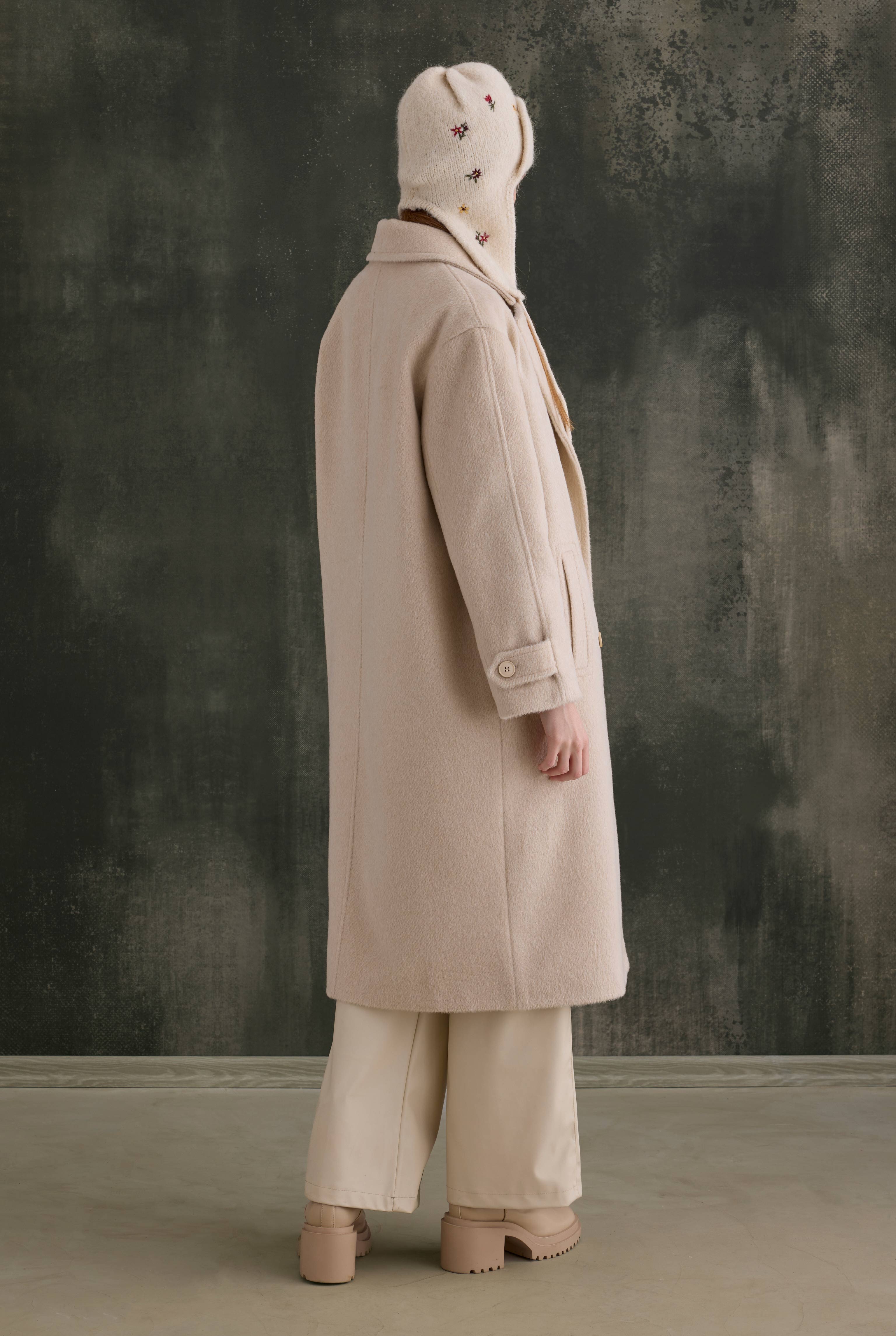 Double-Breasted Long Coat Bone - 8