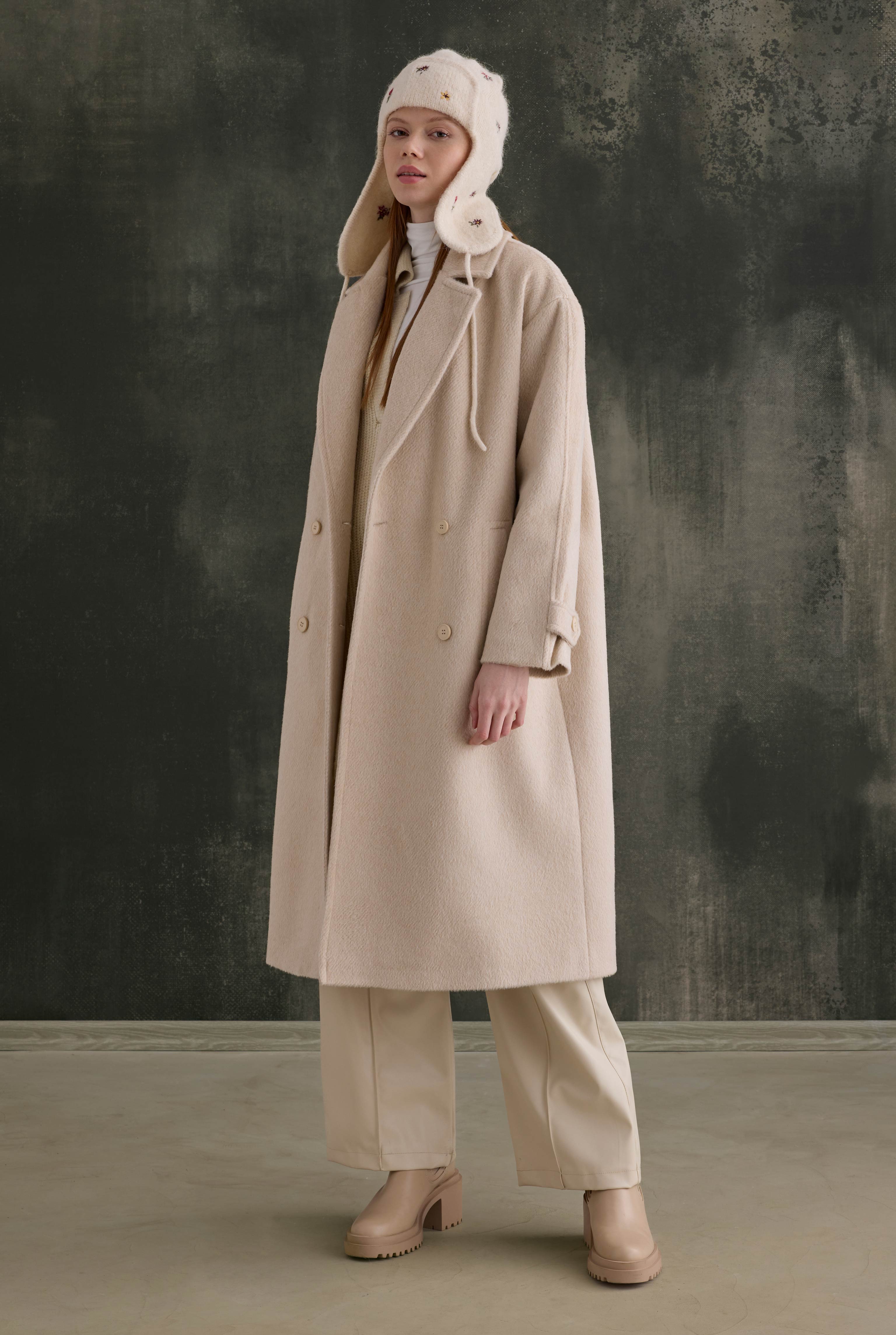 Double-Breasted Long Coat Bone - 3