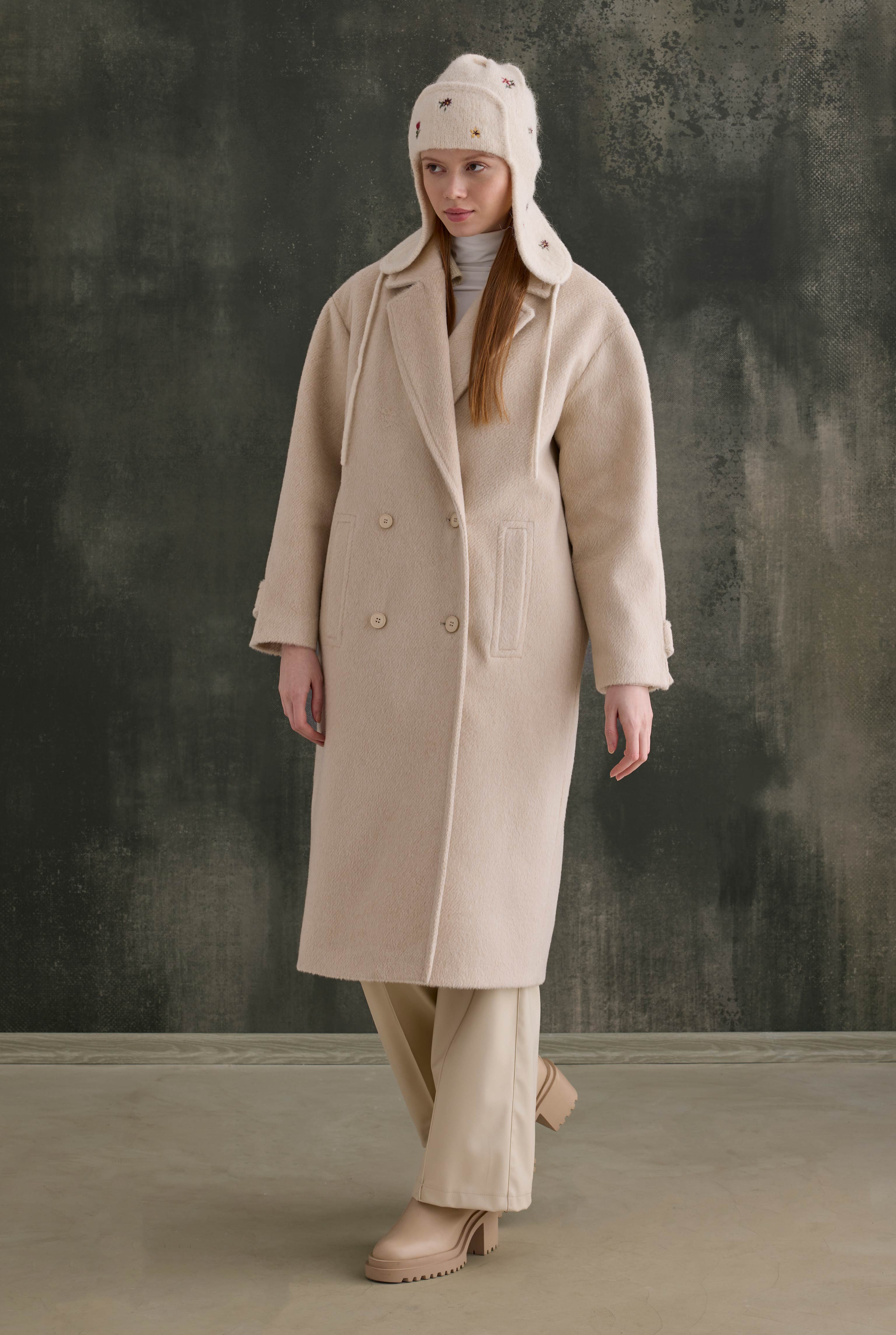 Double-Breasted Long Coat Bone - 4