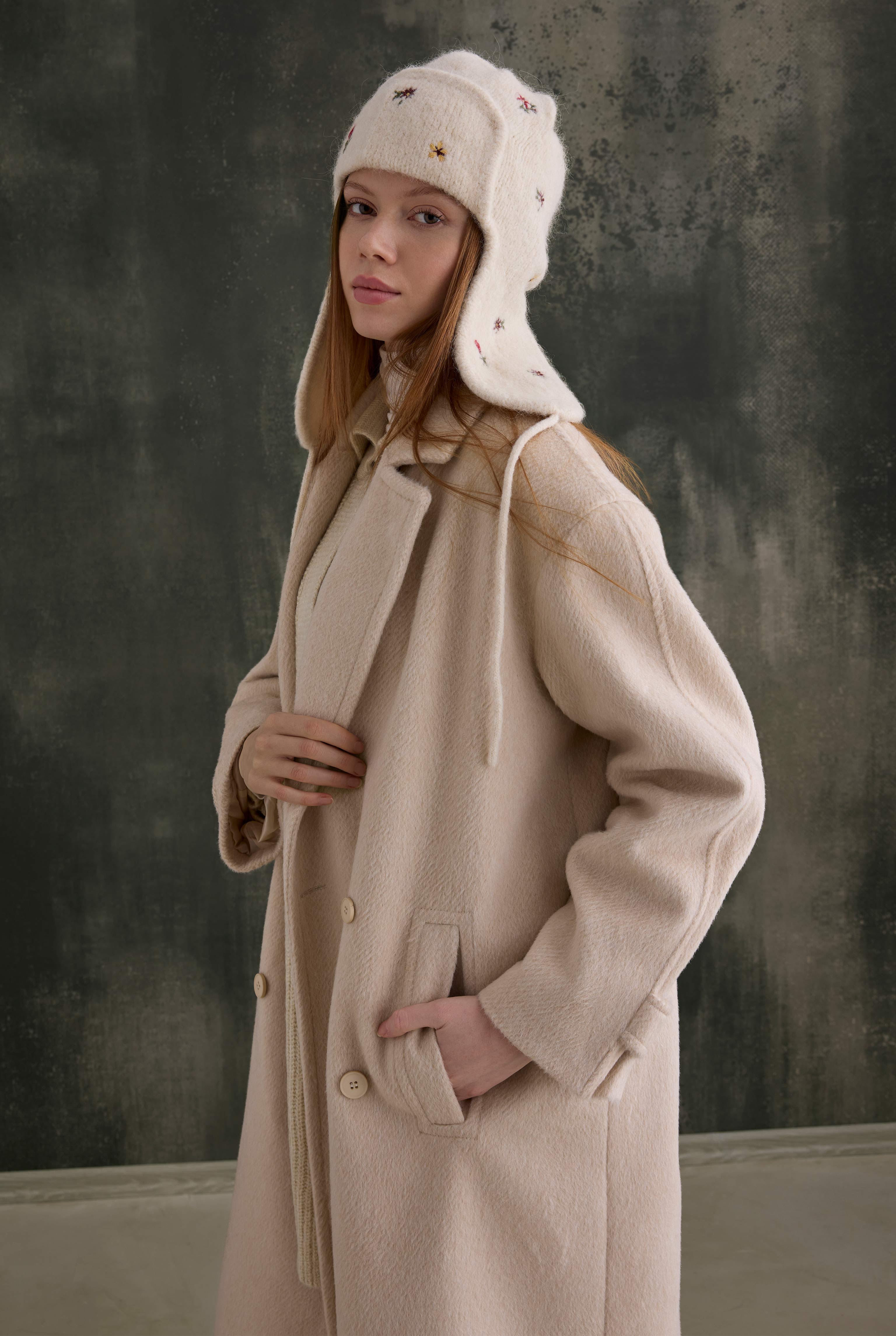 Double-Breasted Long Coat Bone - 5