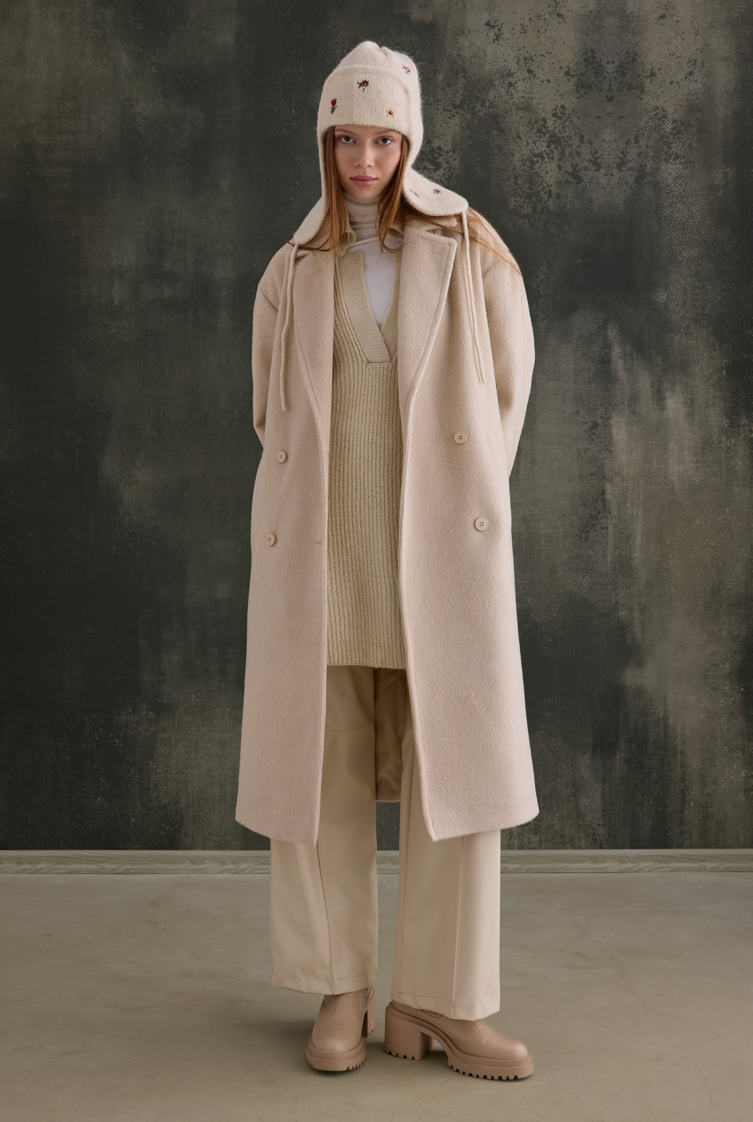 Double-Breasted Long Coat Bone - 6
