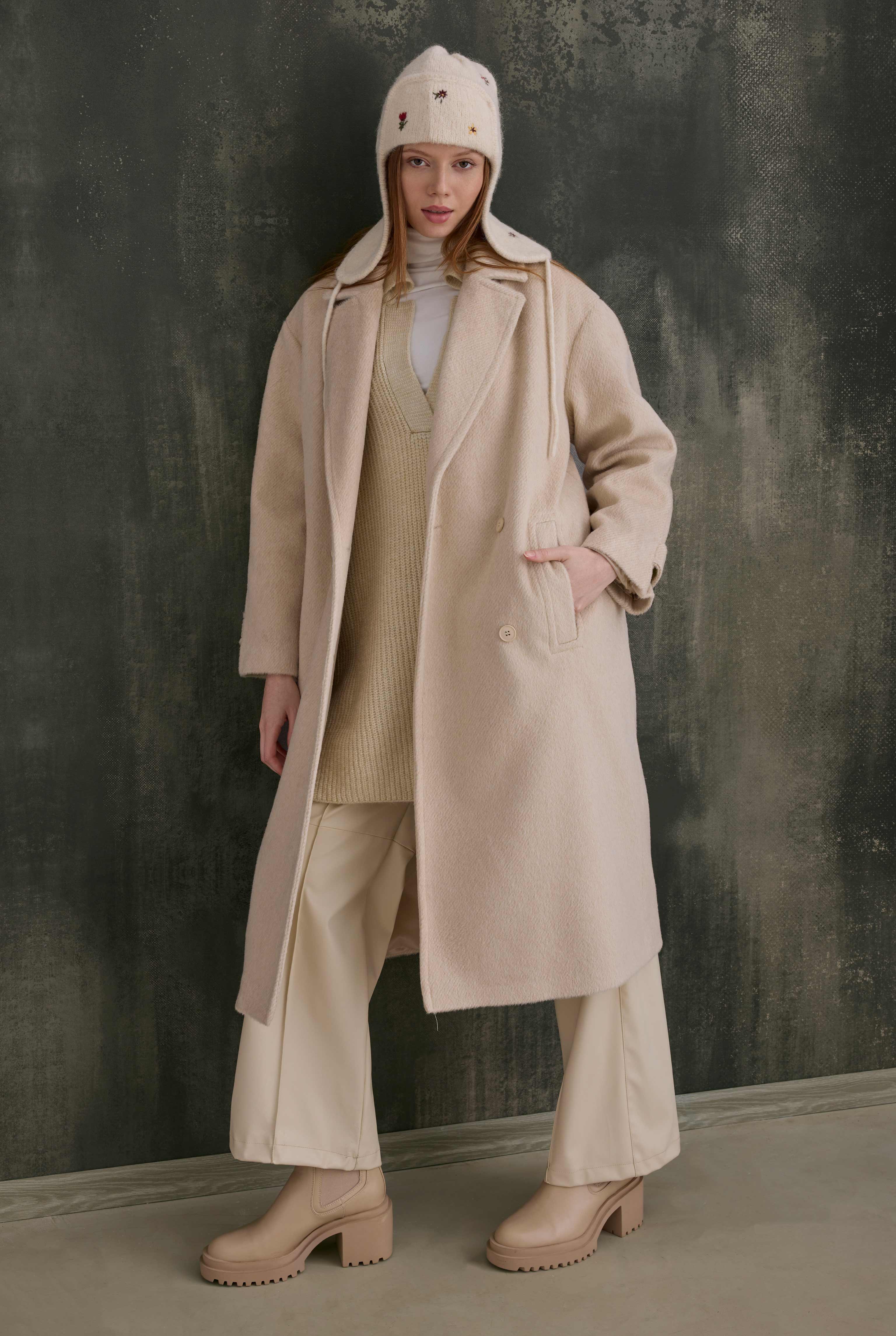 Double-Breasted Long Coat Bone - 7