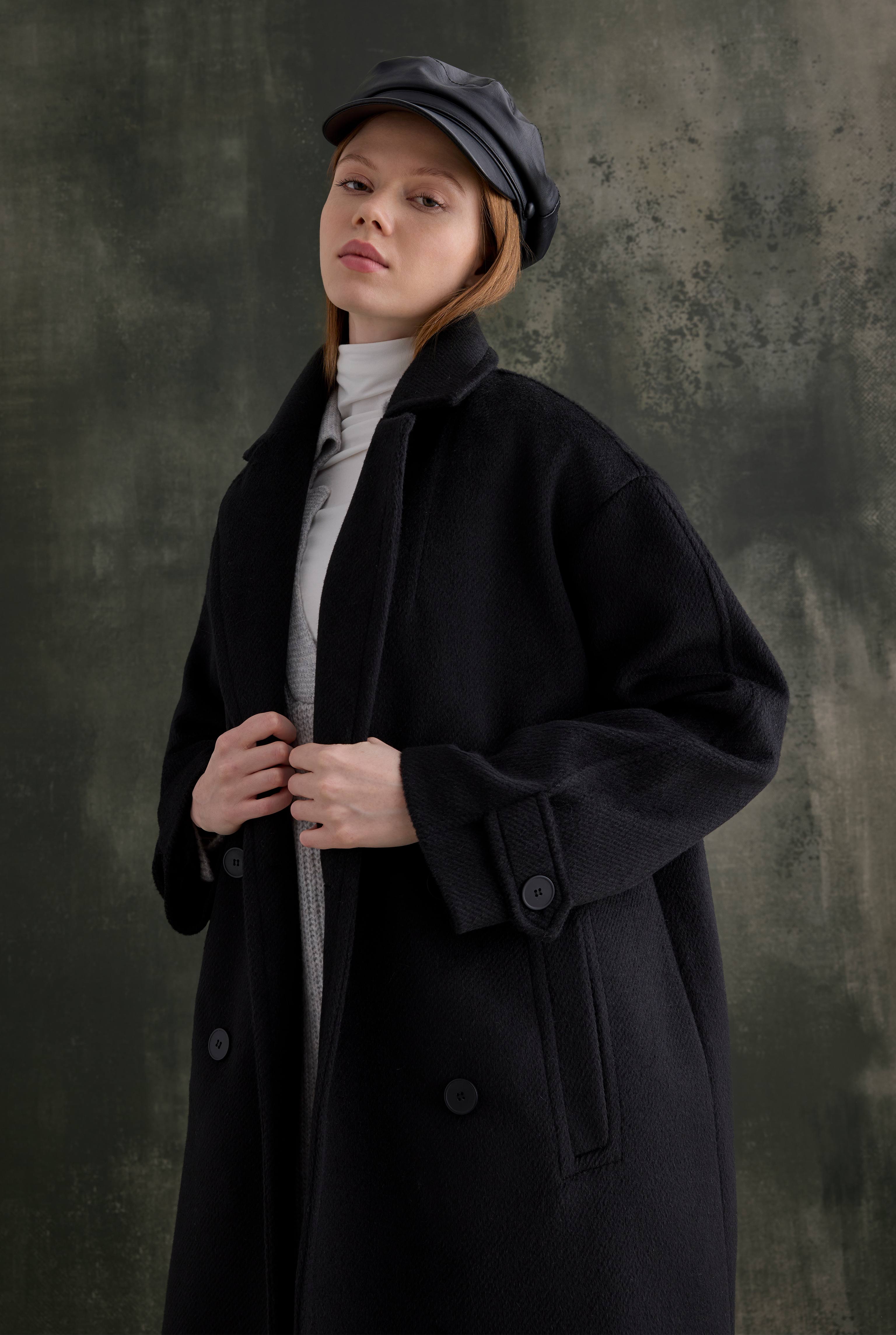 Double-Breasted Long Coat Black - 6