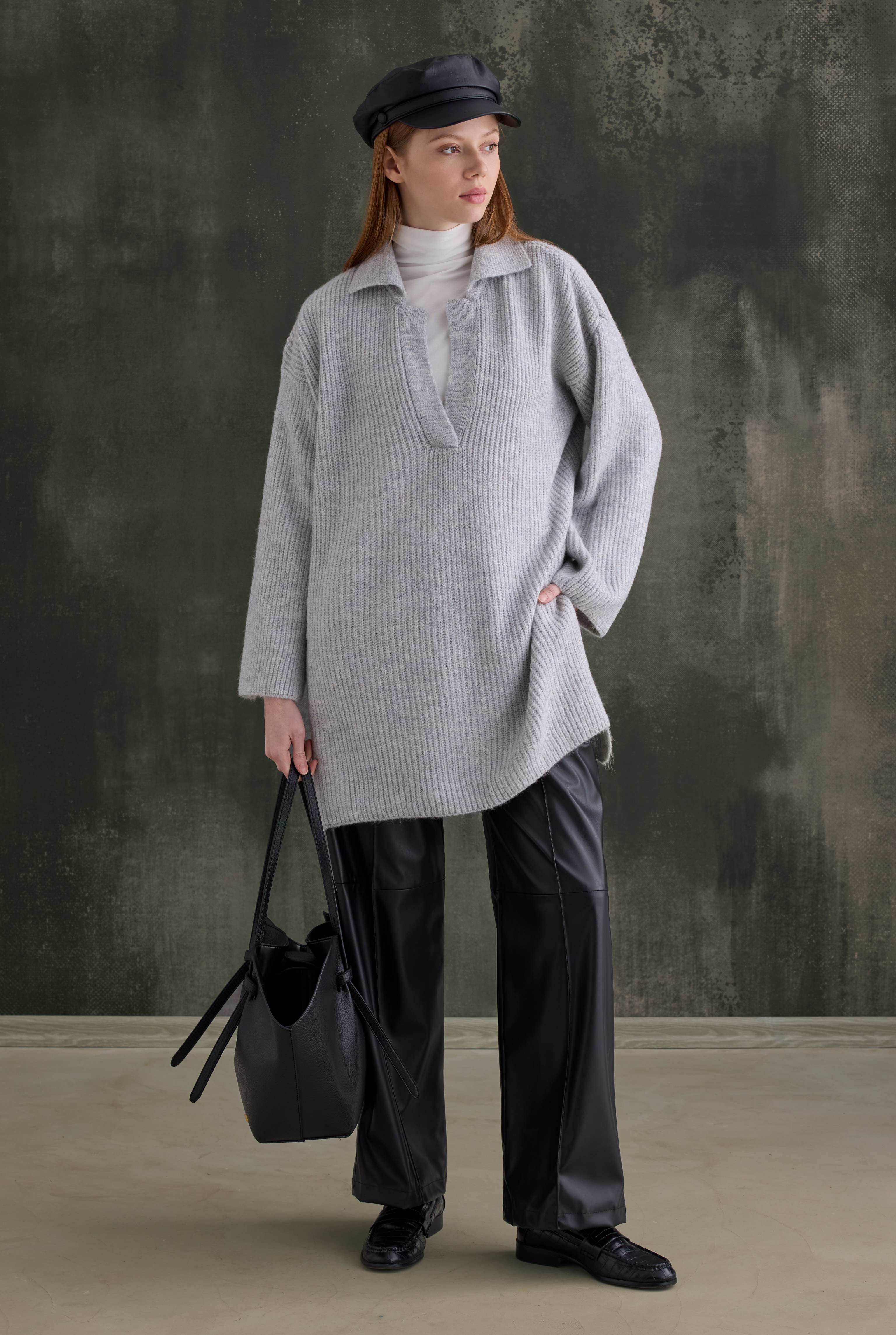 Long Polo Neck Sweater Light Gray - 1