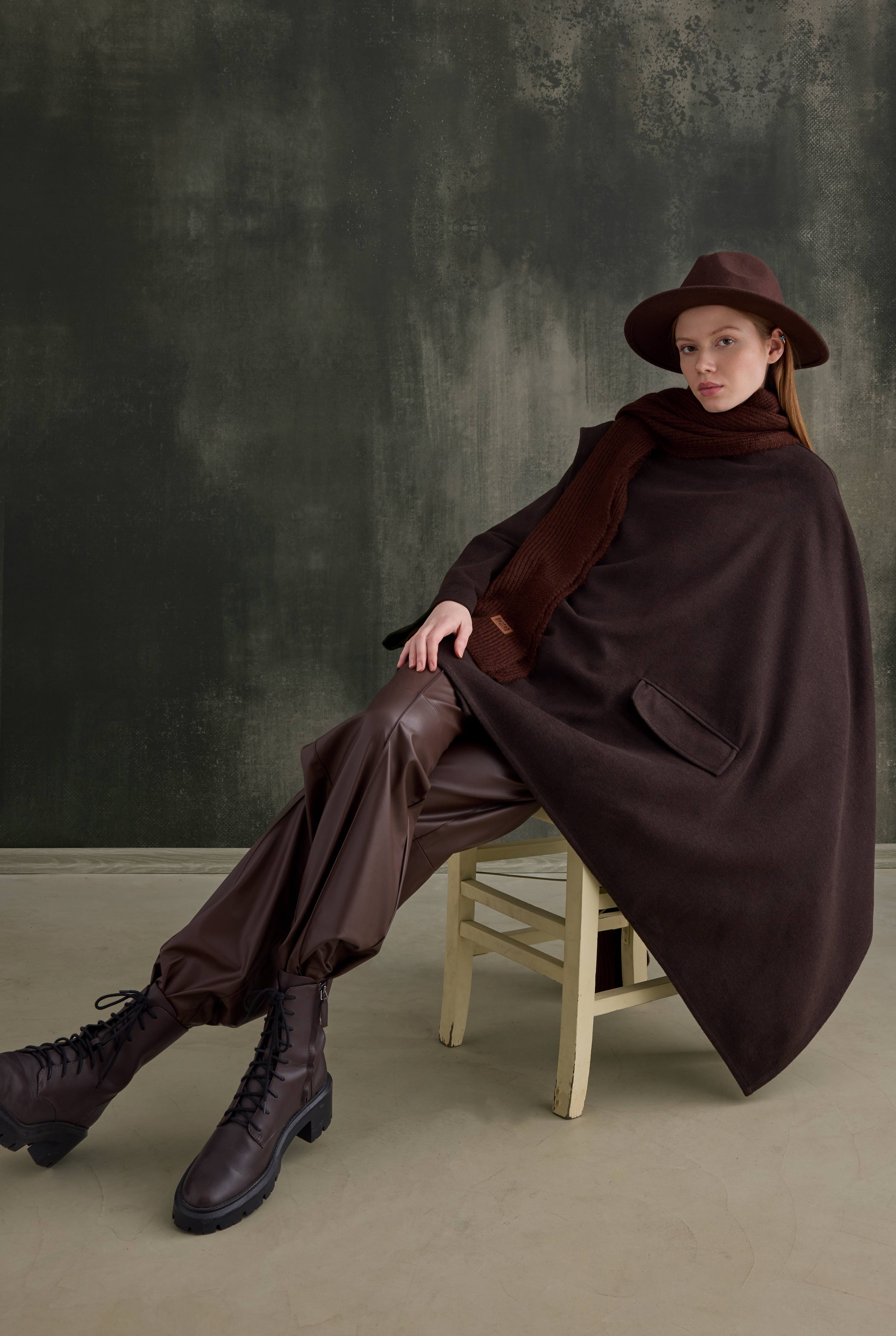 Asymmetric Oversized Coat Dark Brown - 1