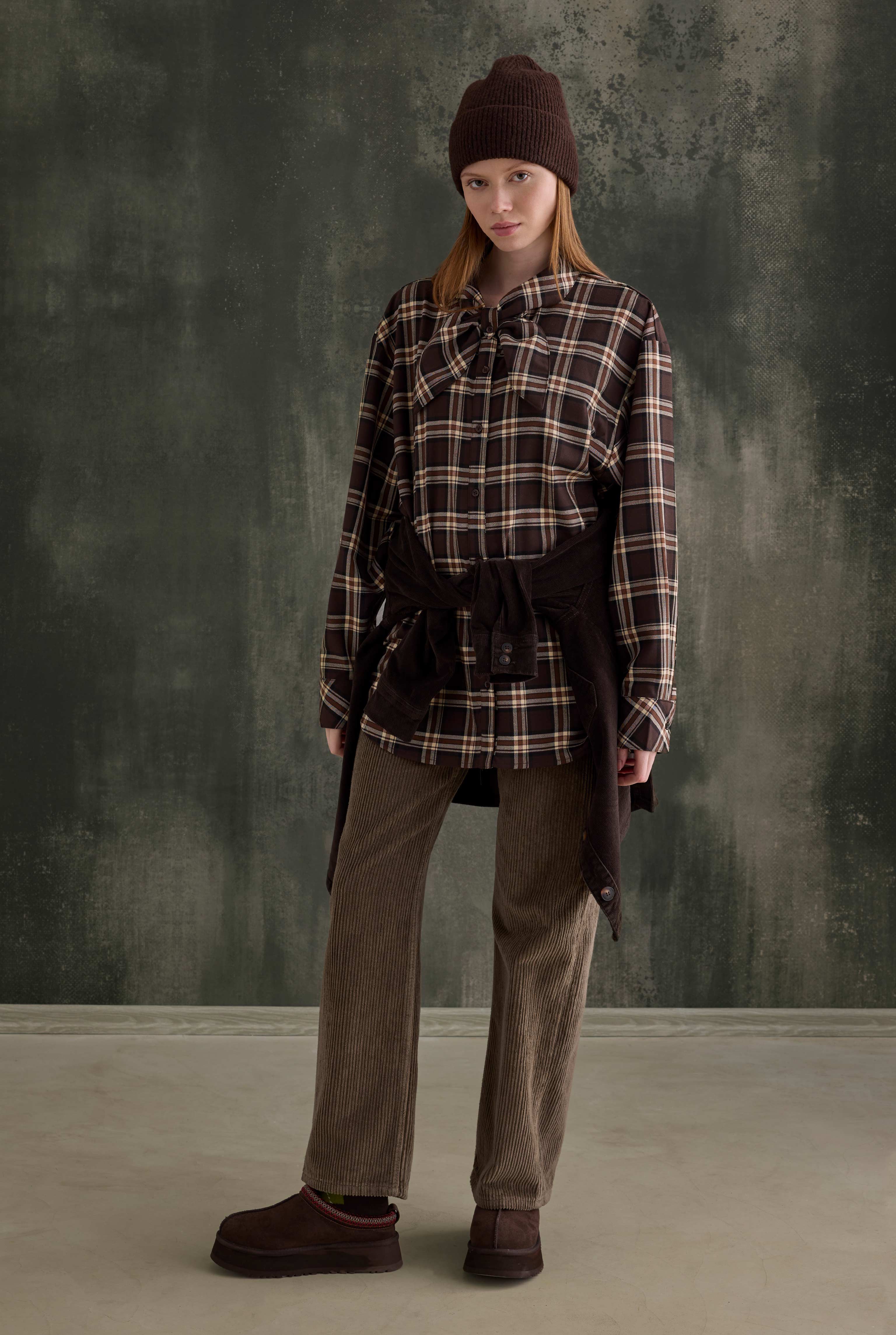 Plaid Scarf-Collar Shirt Dark Brown - 1