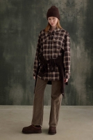 Plaid Scarf-Collar Shirt Dark Brown 