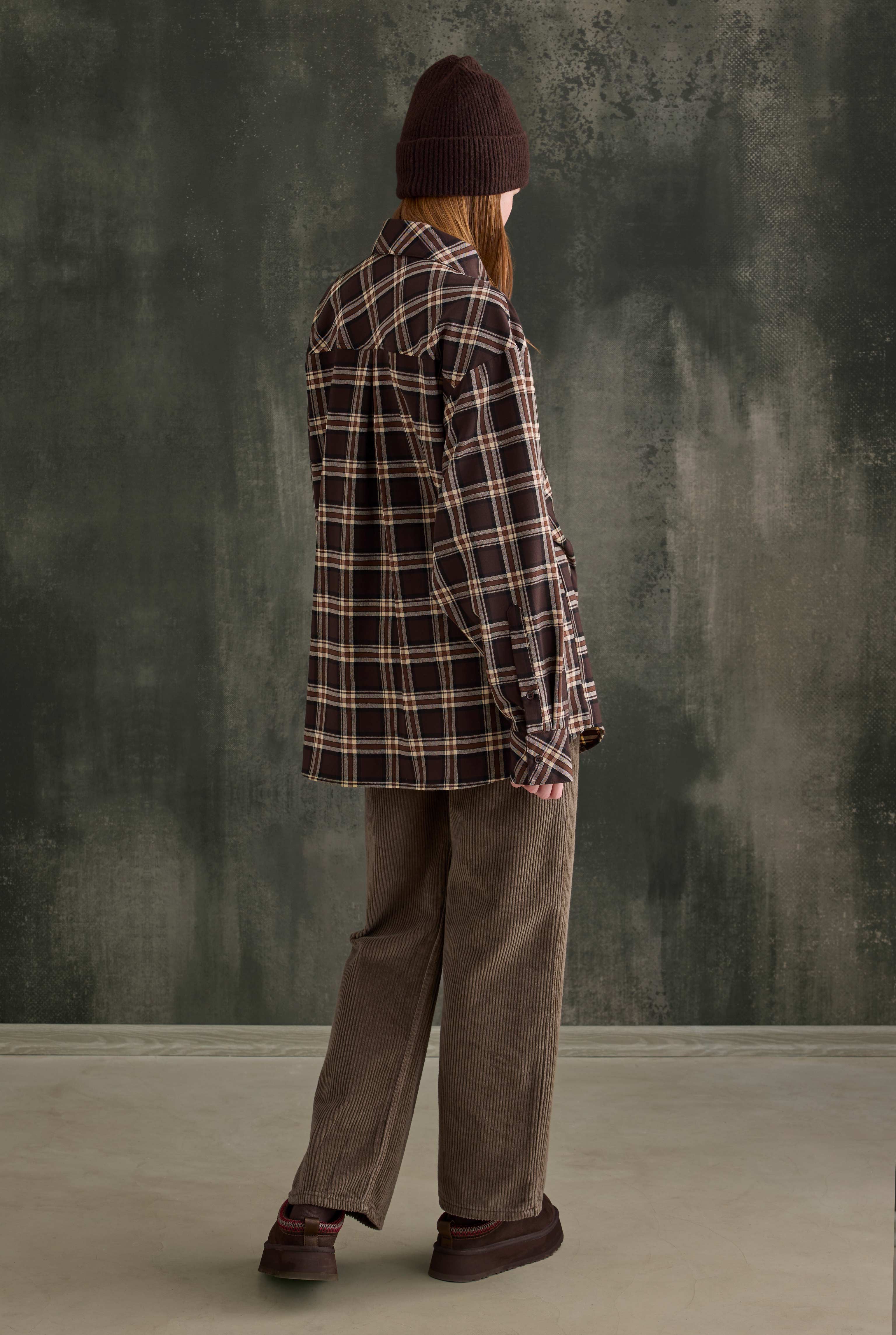 Plaid Scarf-Collar Shirt Dark Brown - 4