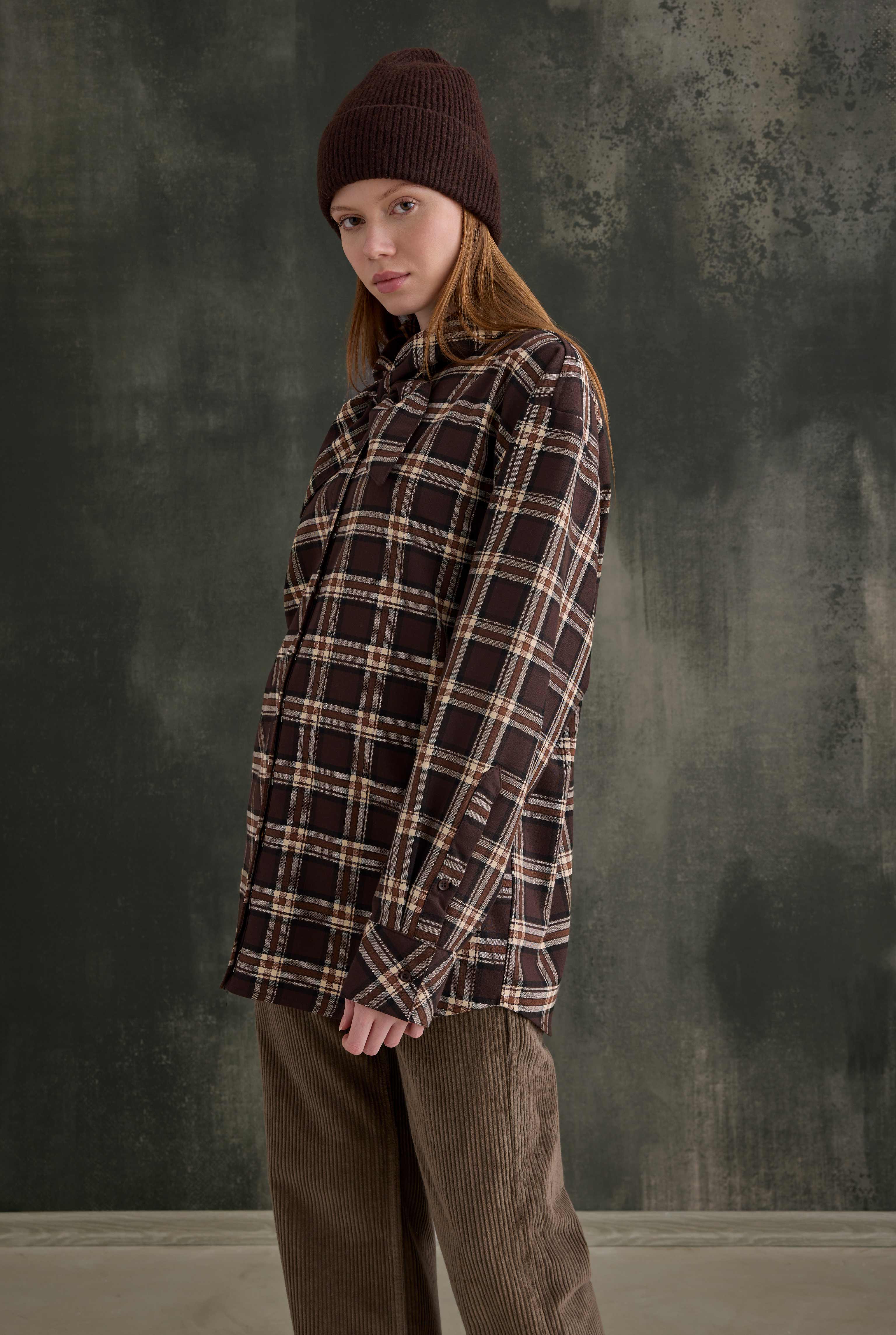 Plaid Scarf-Collar Shirt Dark Brown - 2
