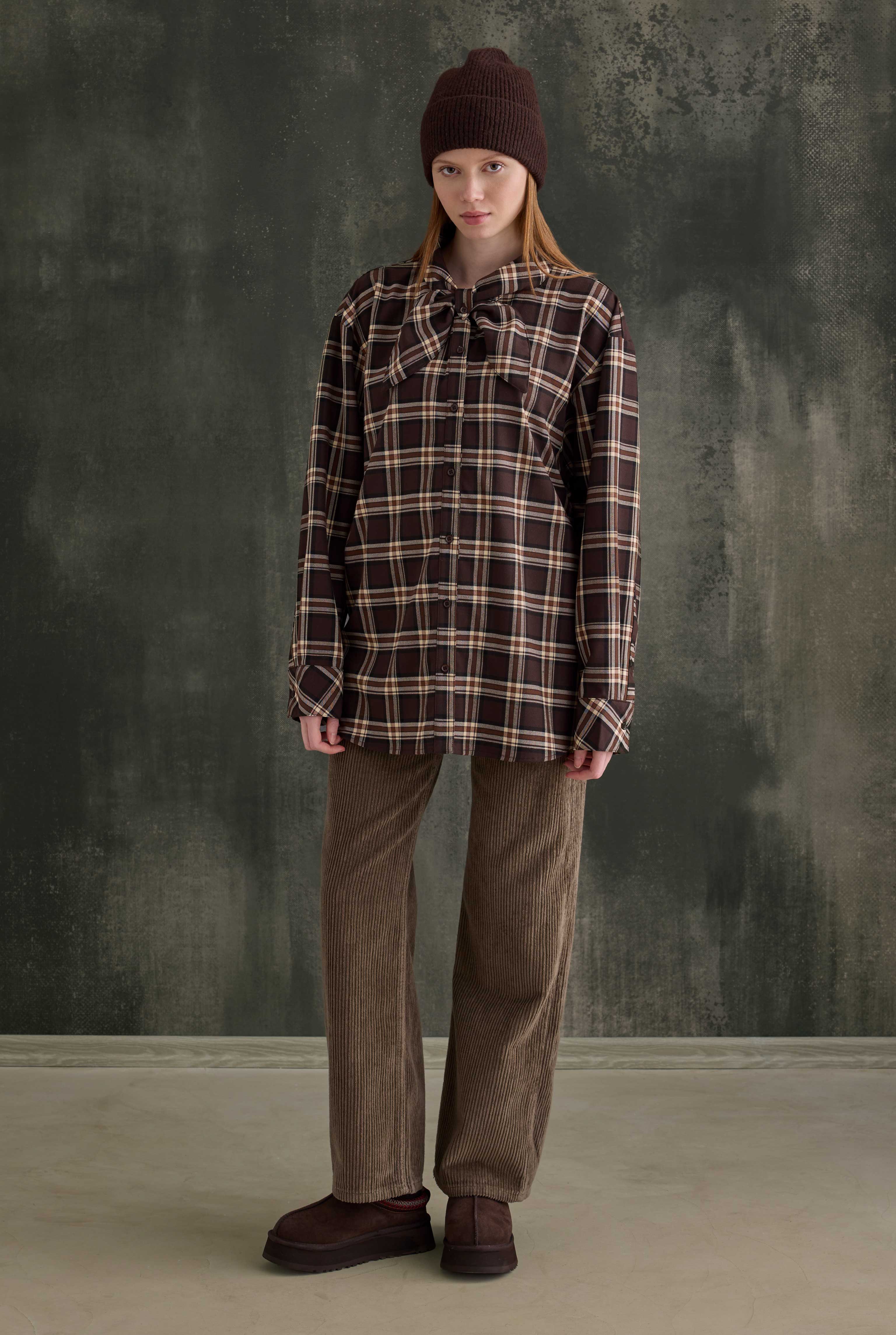 Plaid Scarf-Collar Shirt Dark Brown - 3