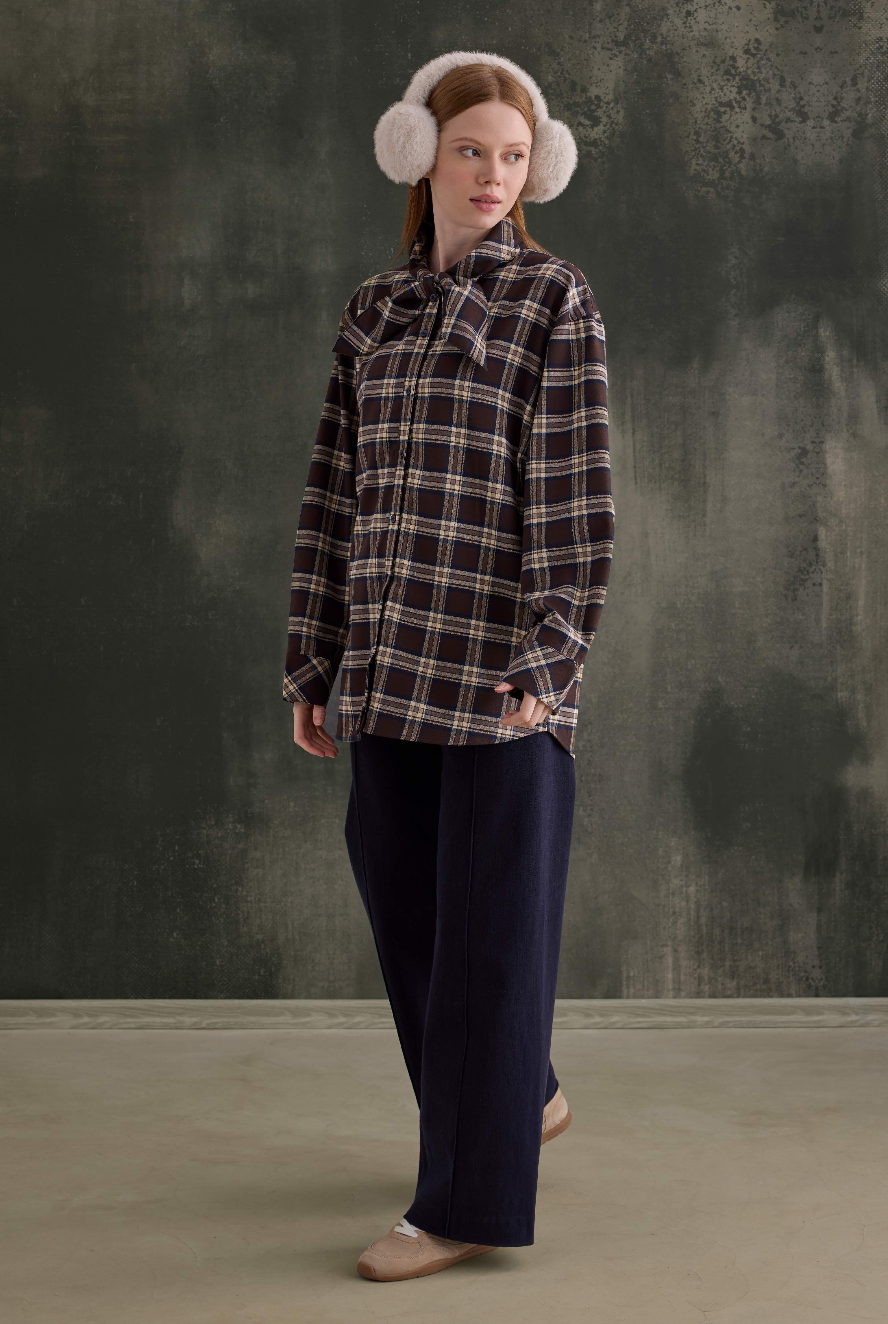 Plaid Scarf-Collar Shirt Brown - 2