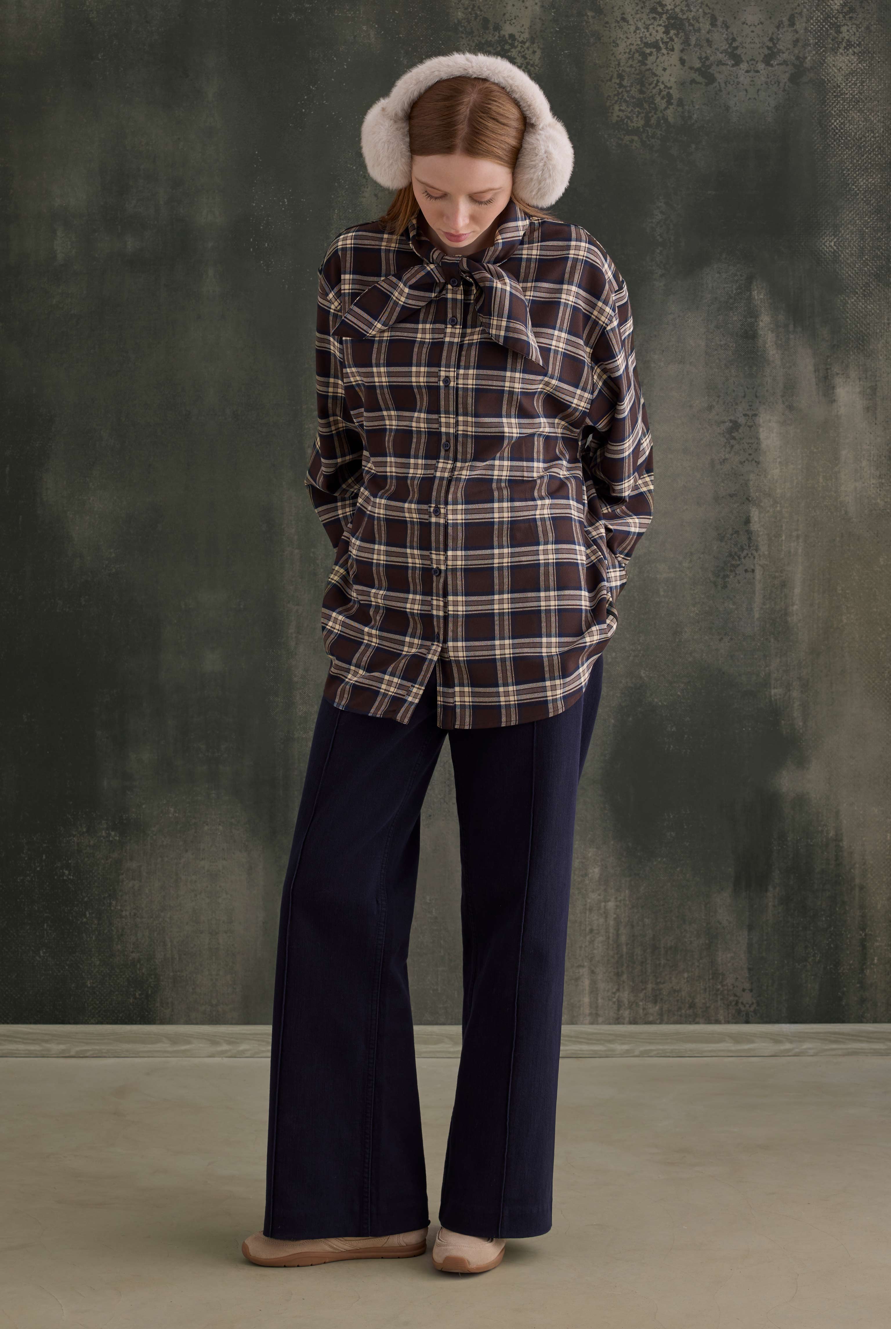 Plaid Scarf-Collar Shirt Brown - 3