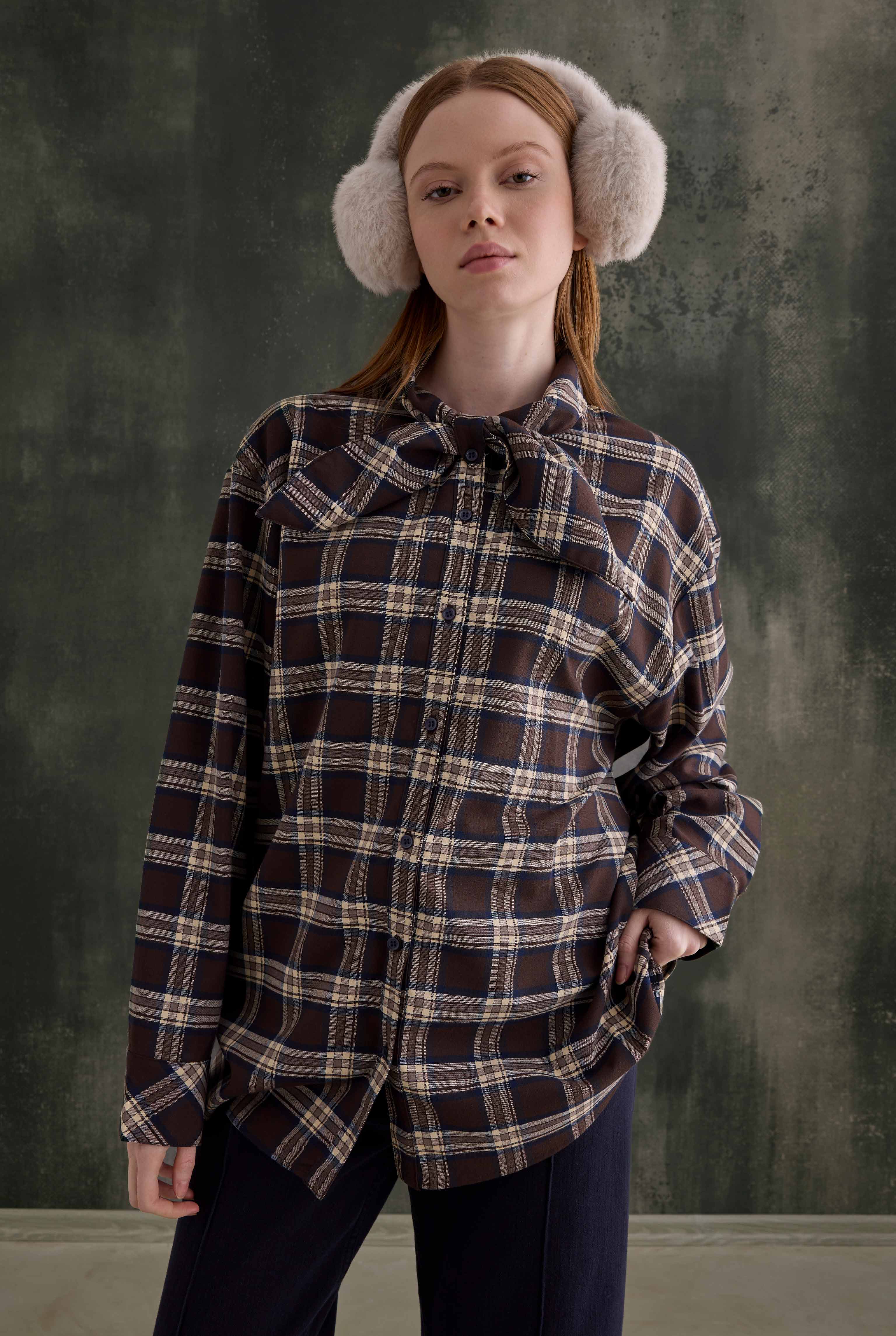 Plaid Scarf-Collar Shirt Brown - 1