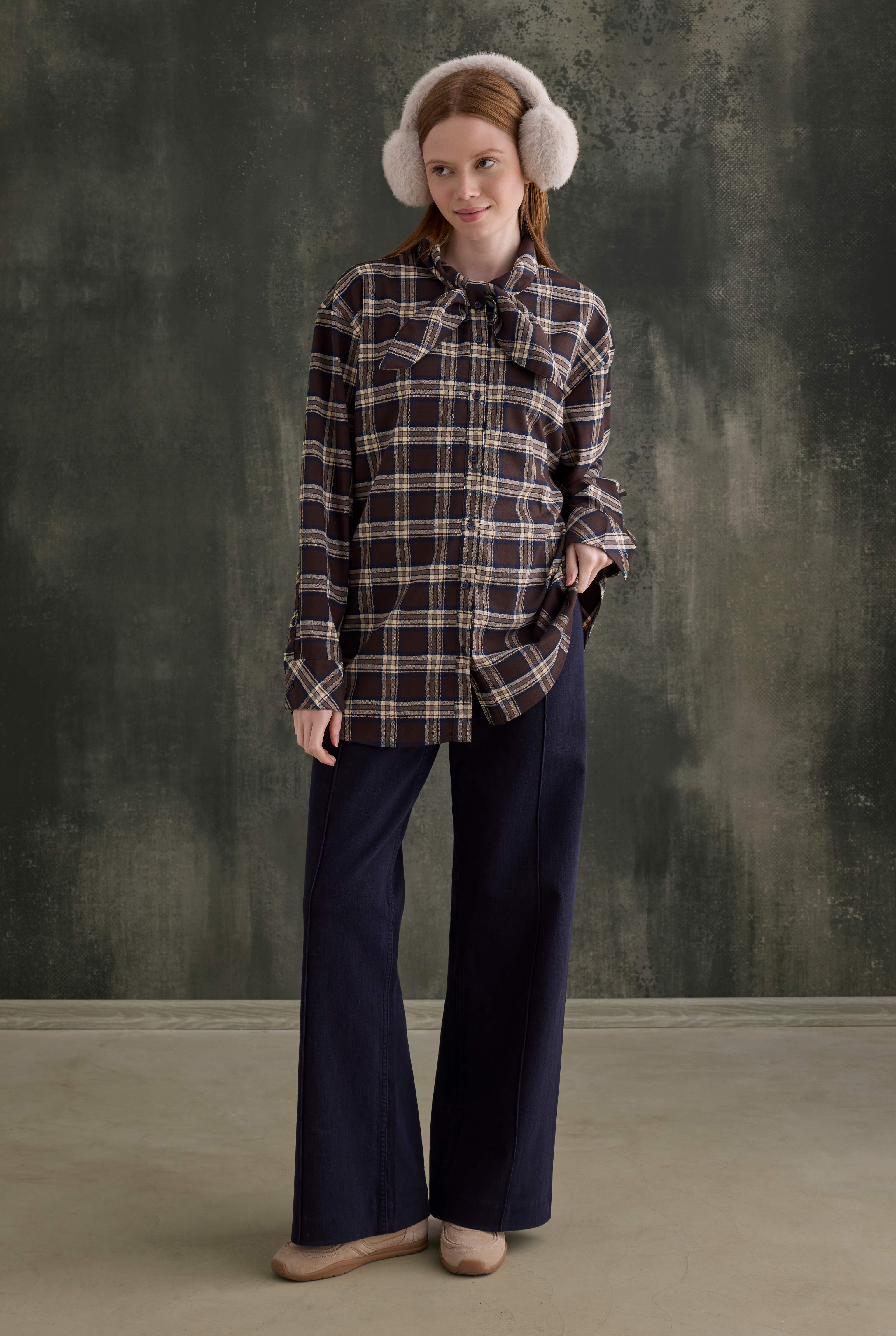 Plaid Scarf-Collar Shirt Brown - 4