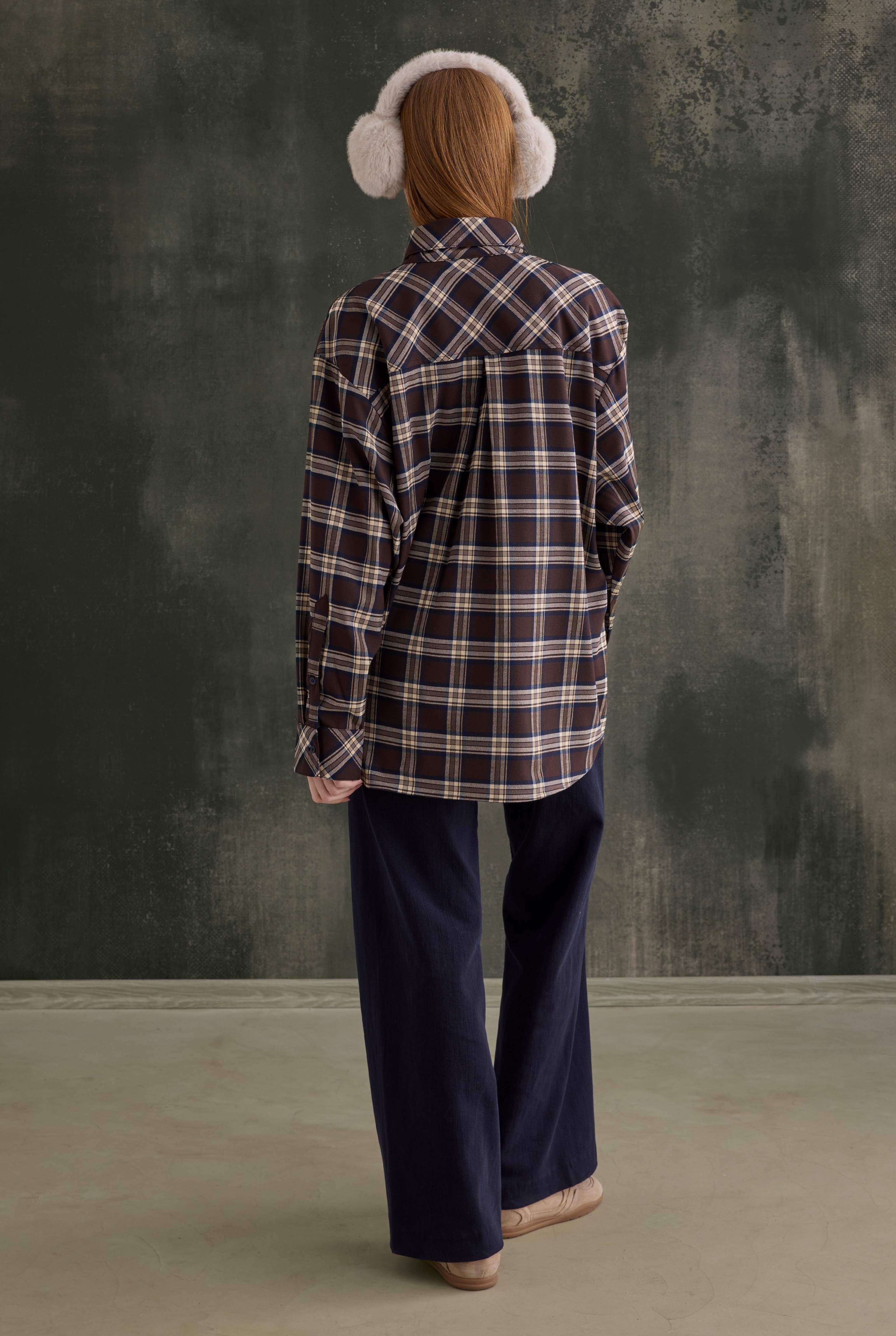 Plaid Scarf-Collar Shirt Brown - 5