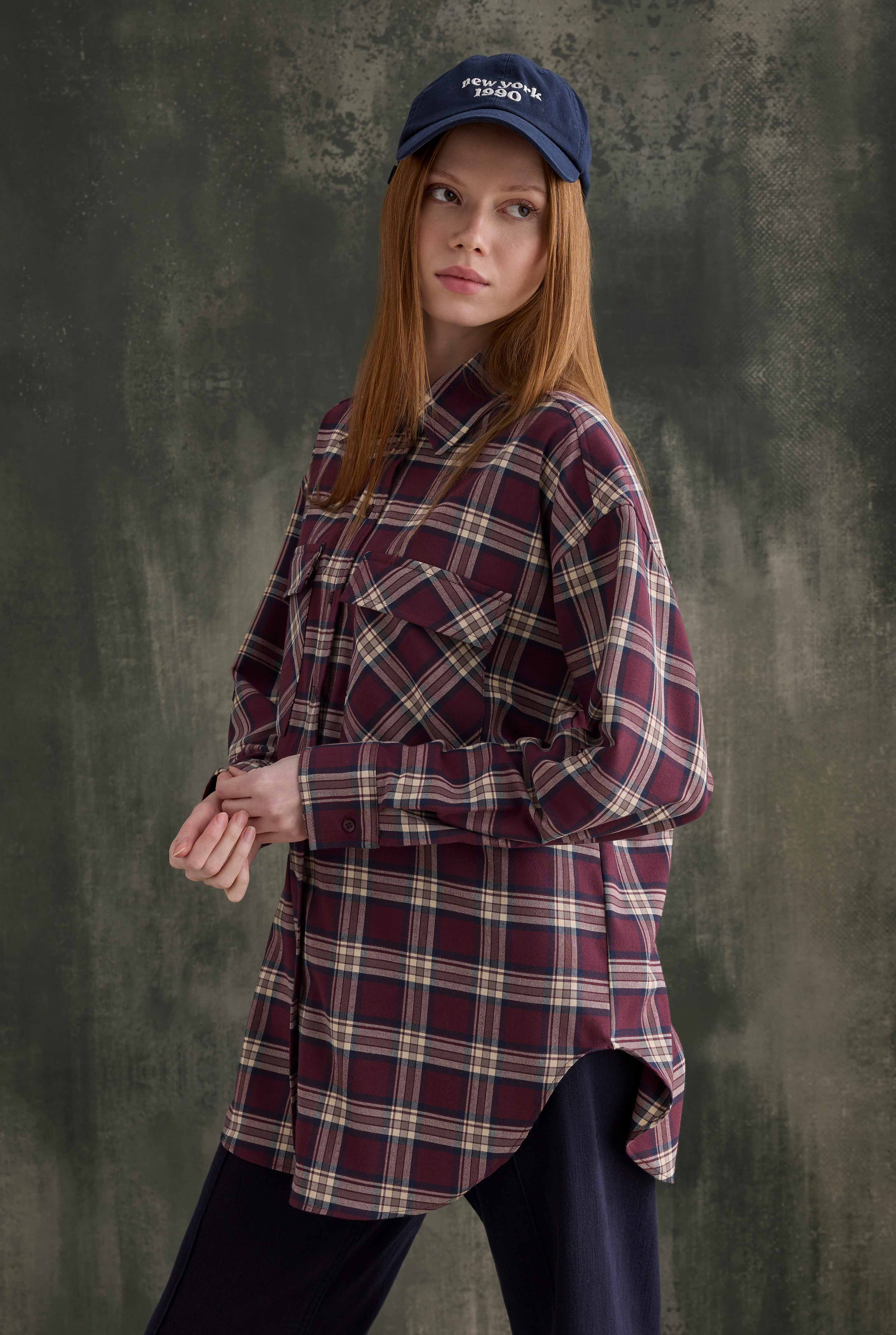 Pocket Detailed Plaid Shirt Bordeaux - 2