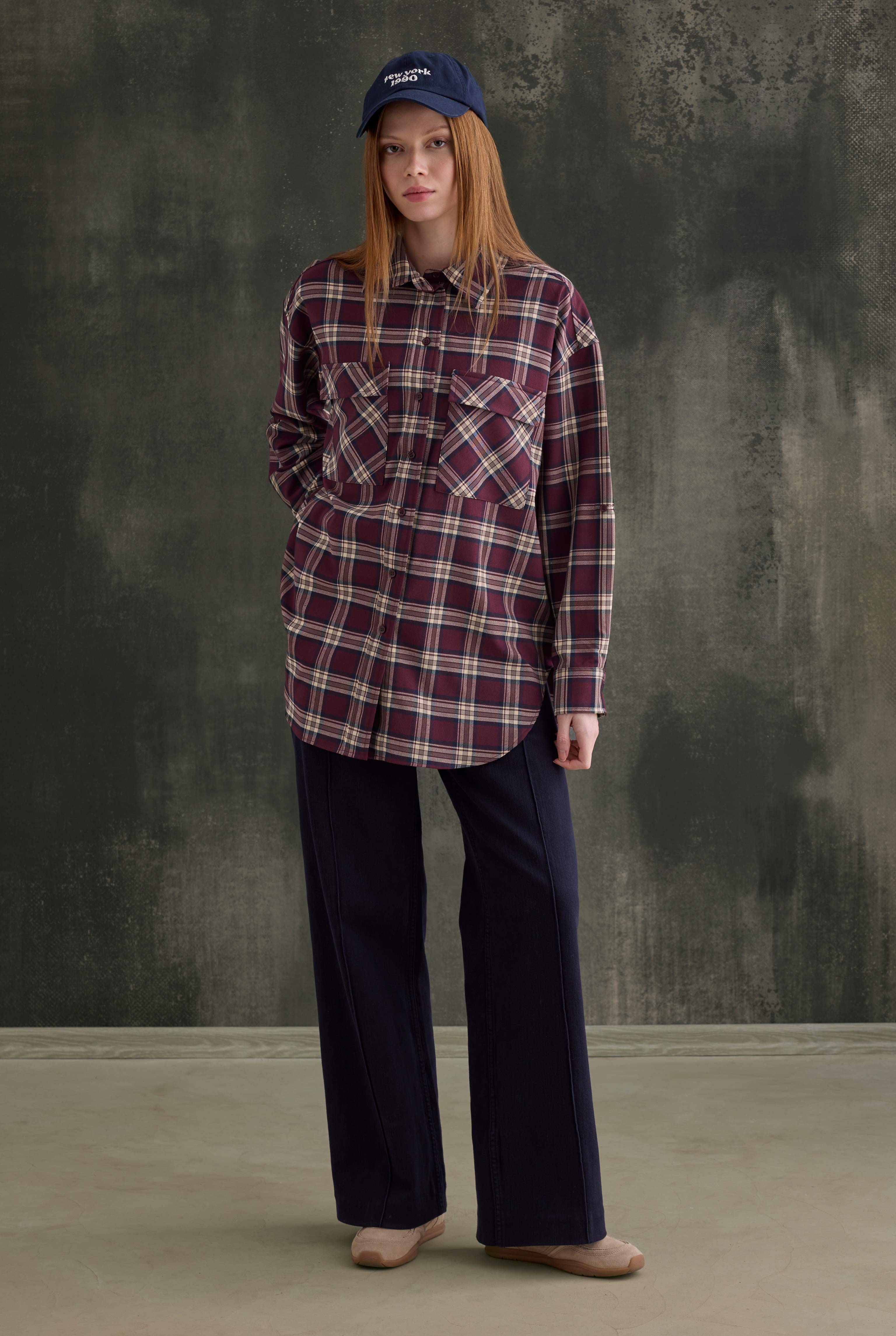 Pocket Detailed Plaid Shirt Bordeaux - HE-QA