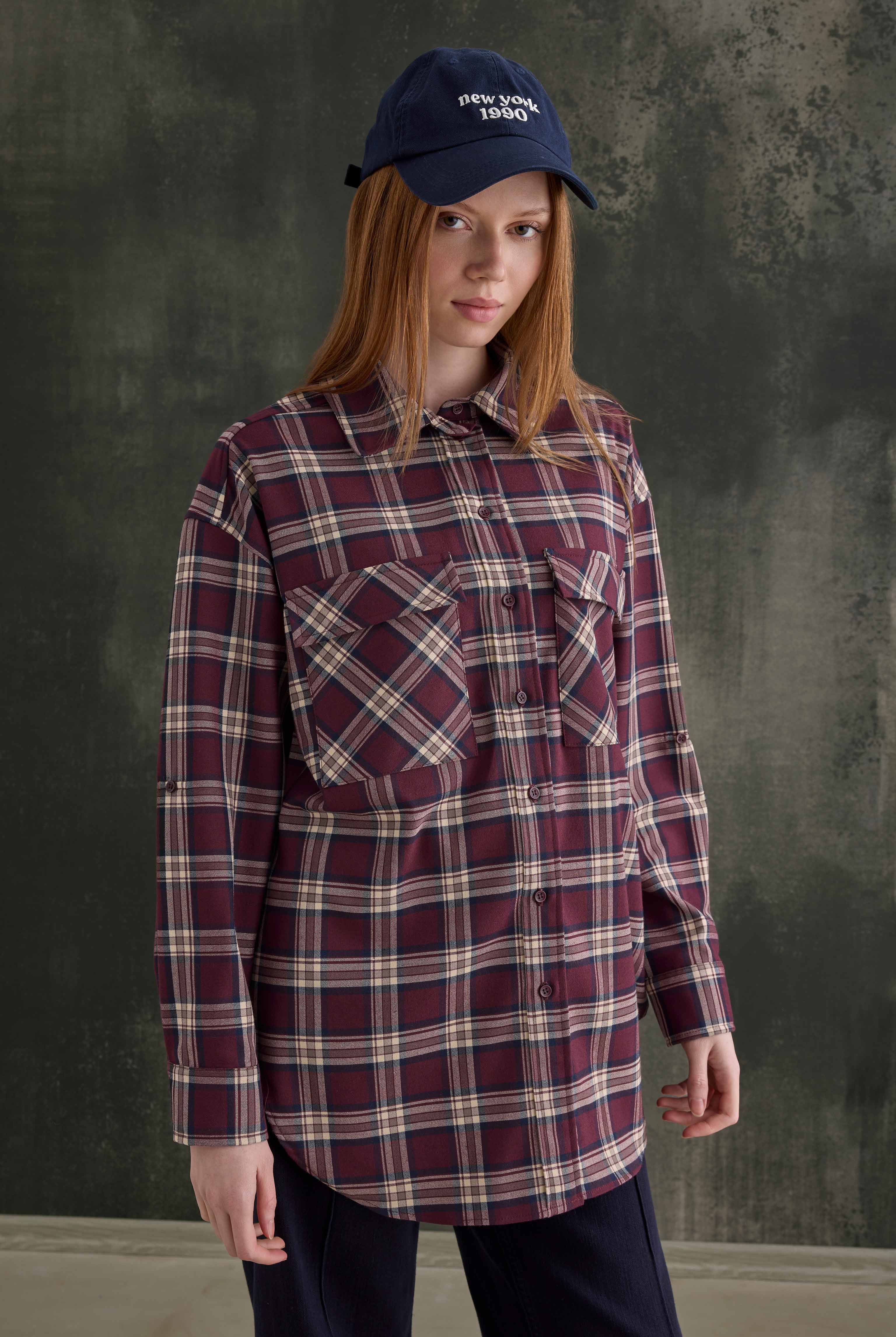 Pocket Detailed Plaid Shirt Bordeaux - 3