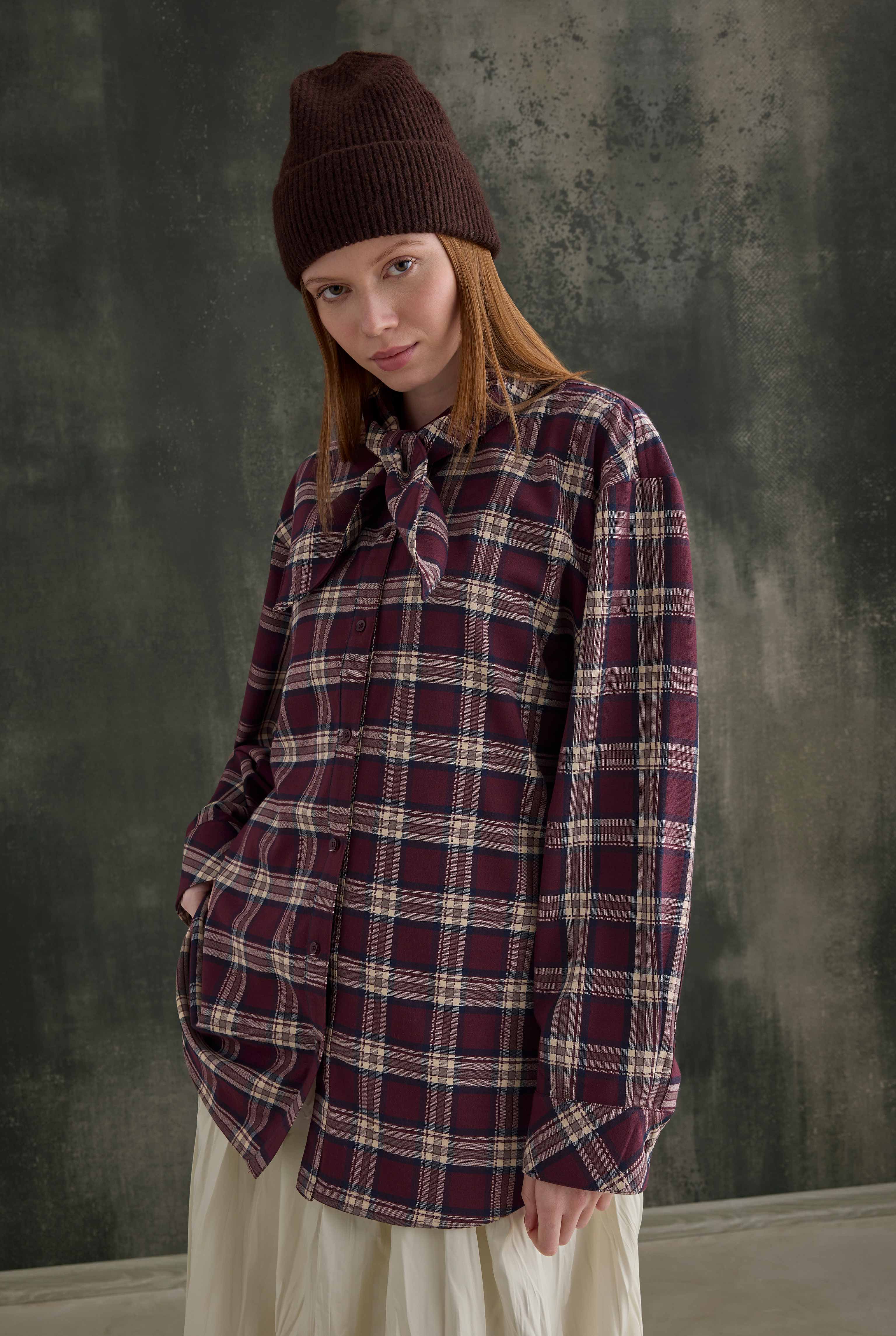 Plaid Scarf-Collar Shirt Bordeaux - 2