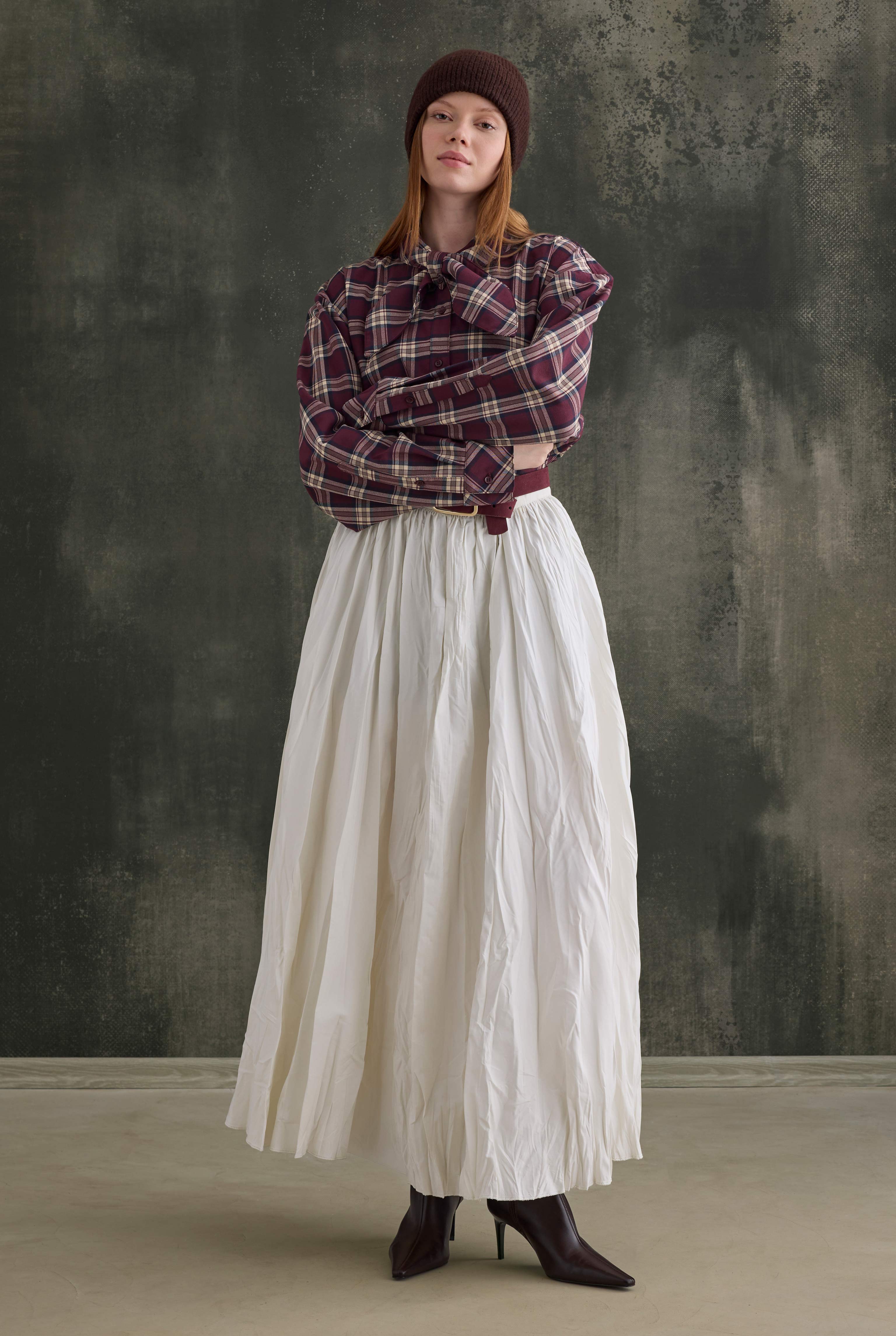 Plaid Scarf-Collar Shirt Bordeaux - 3