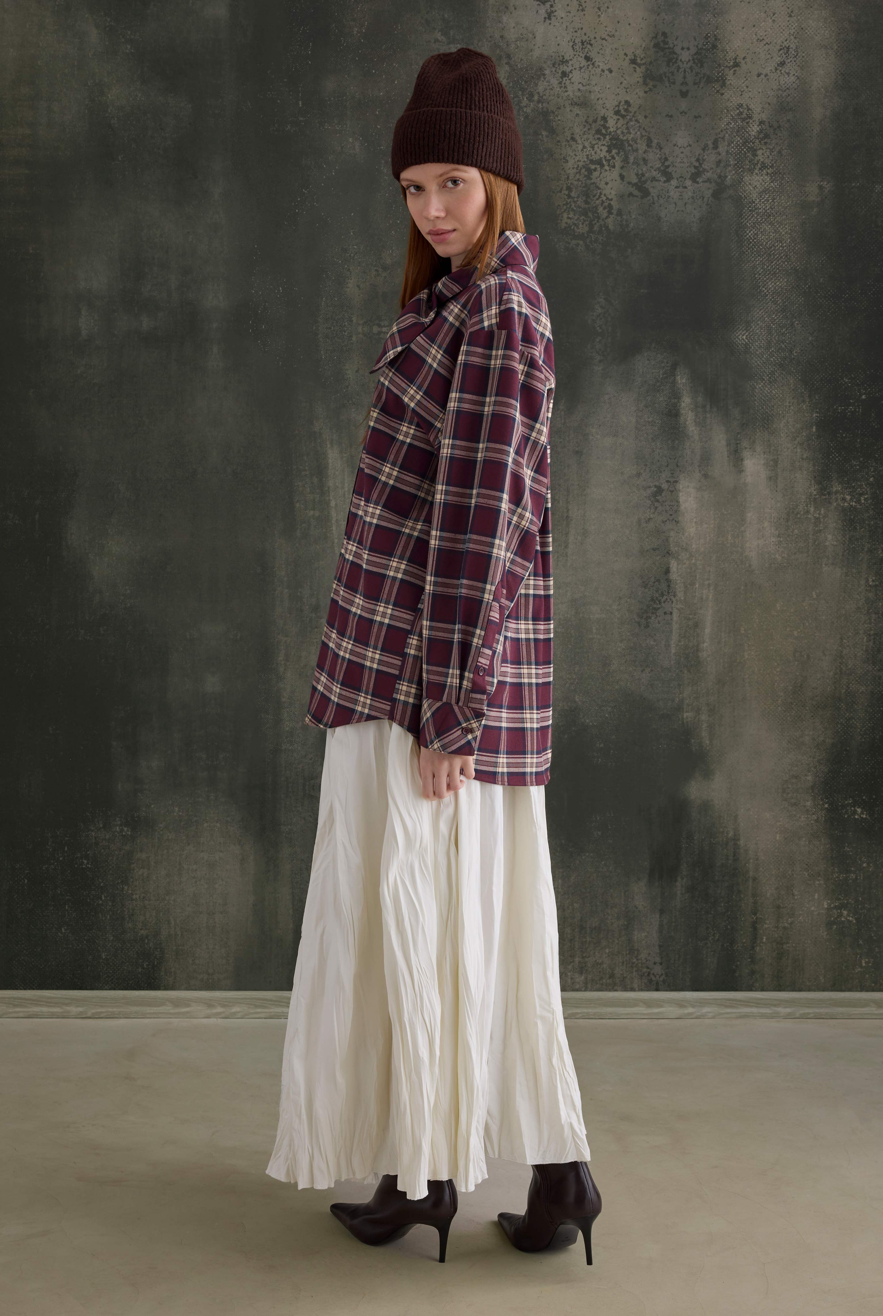 Plaid Scarf-Collar Shirt Bordeaux - 4