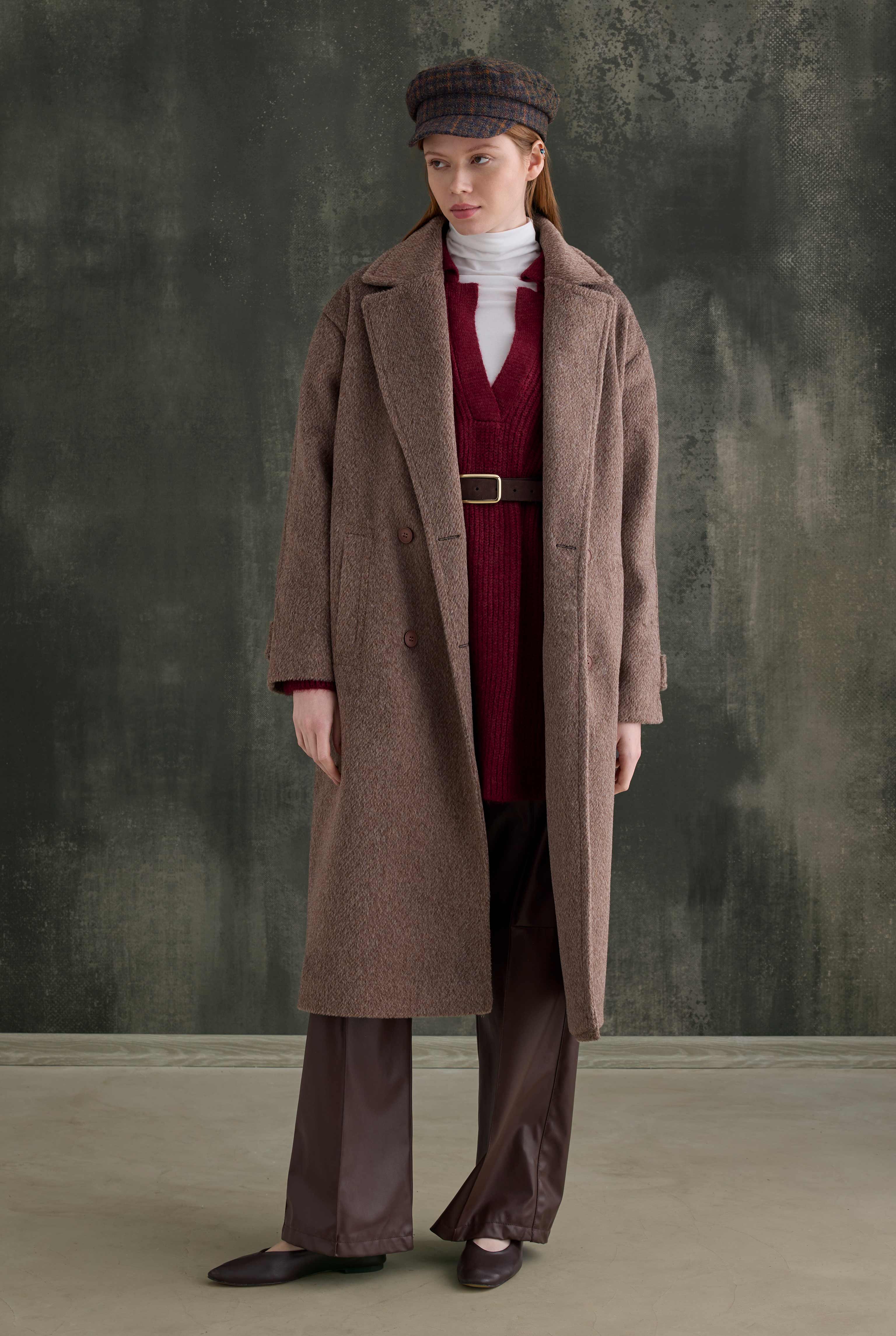 Double-Breasted Long Coat Brown - HE-QA