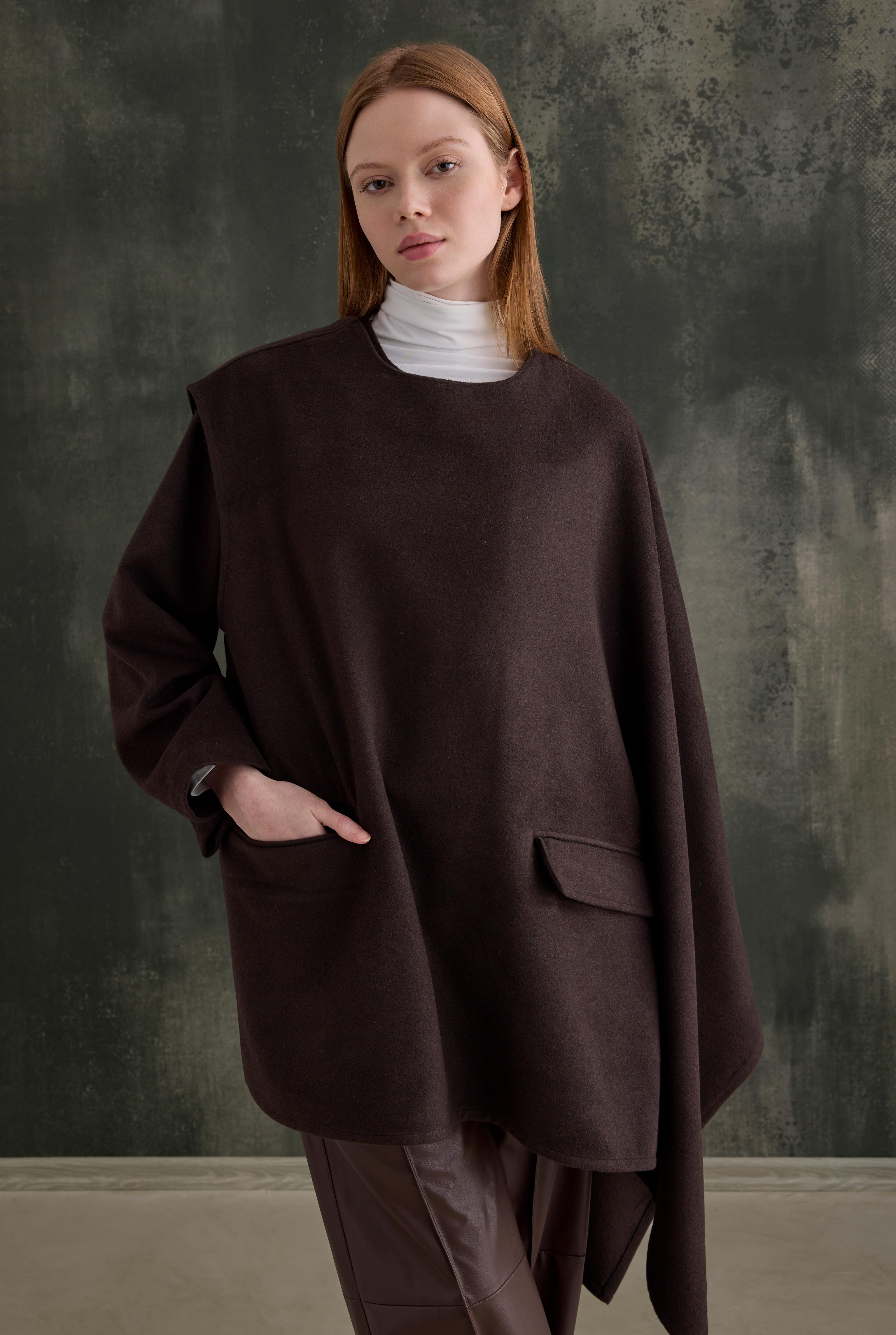 Asymmetric Oversized Coat Dark Brown - 7