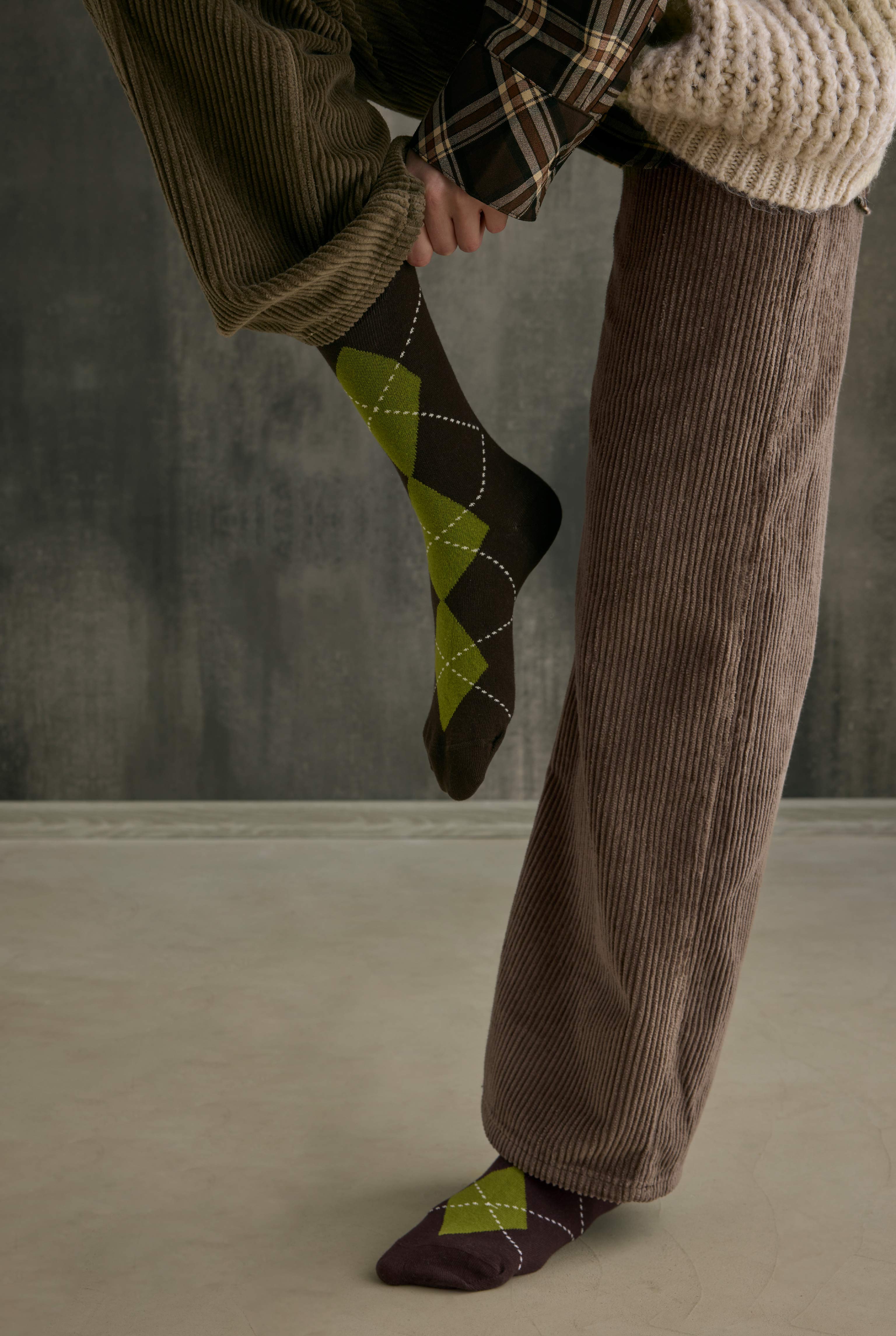 Argyle Patterned Ankle Socks Moss Green-Dark Brown - 1