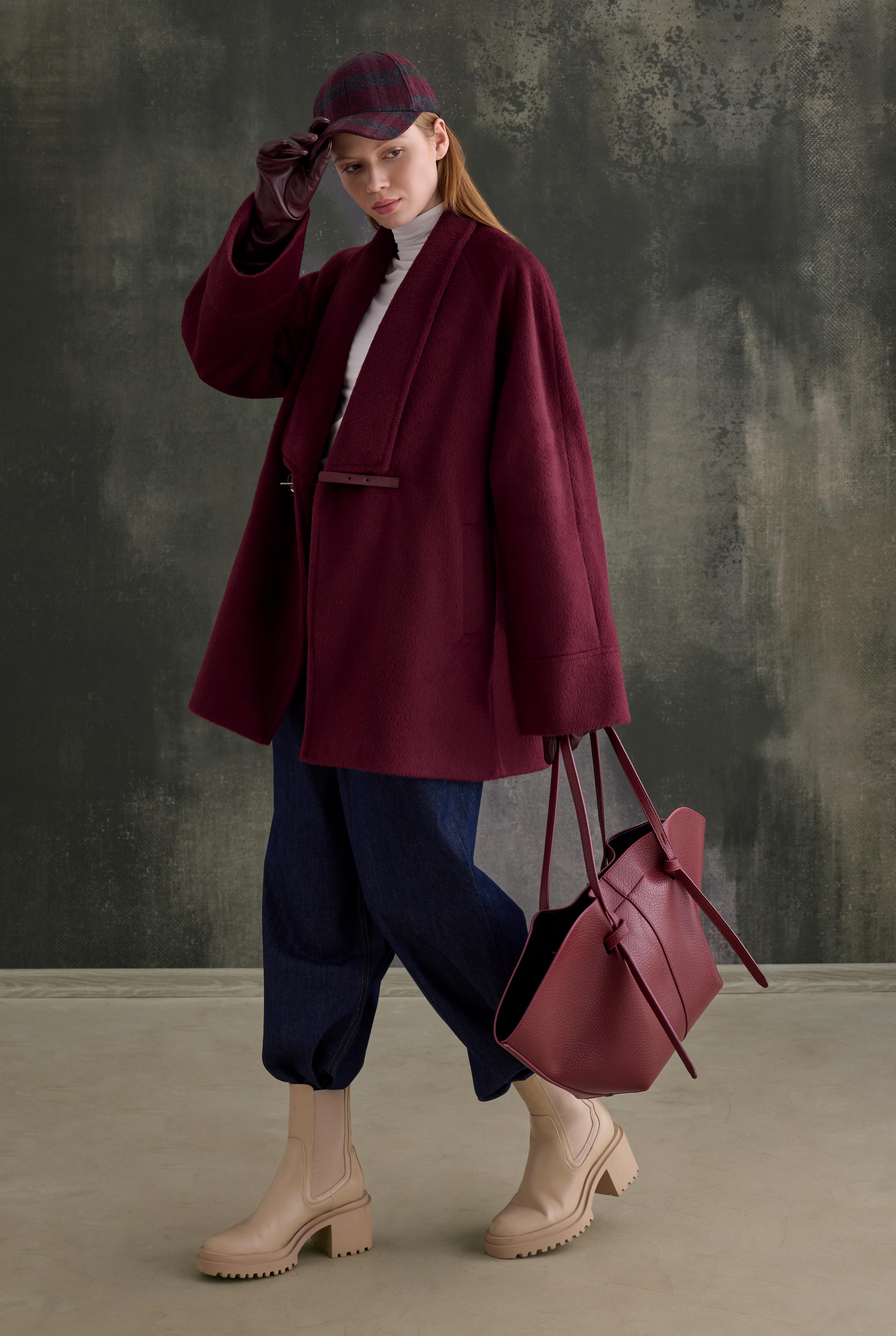 Belt Detailed Coat Bordeaux - 2