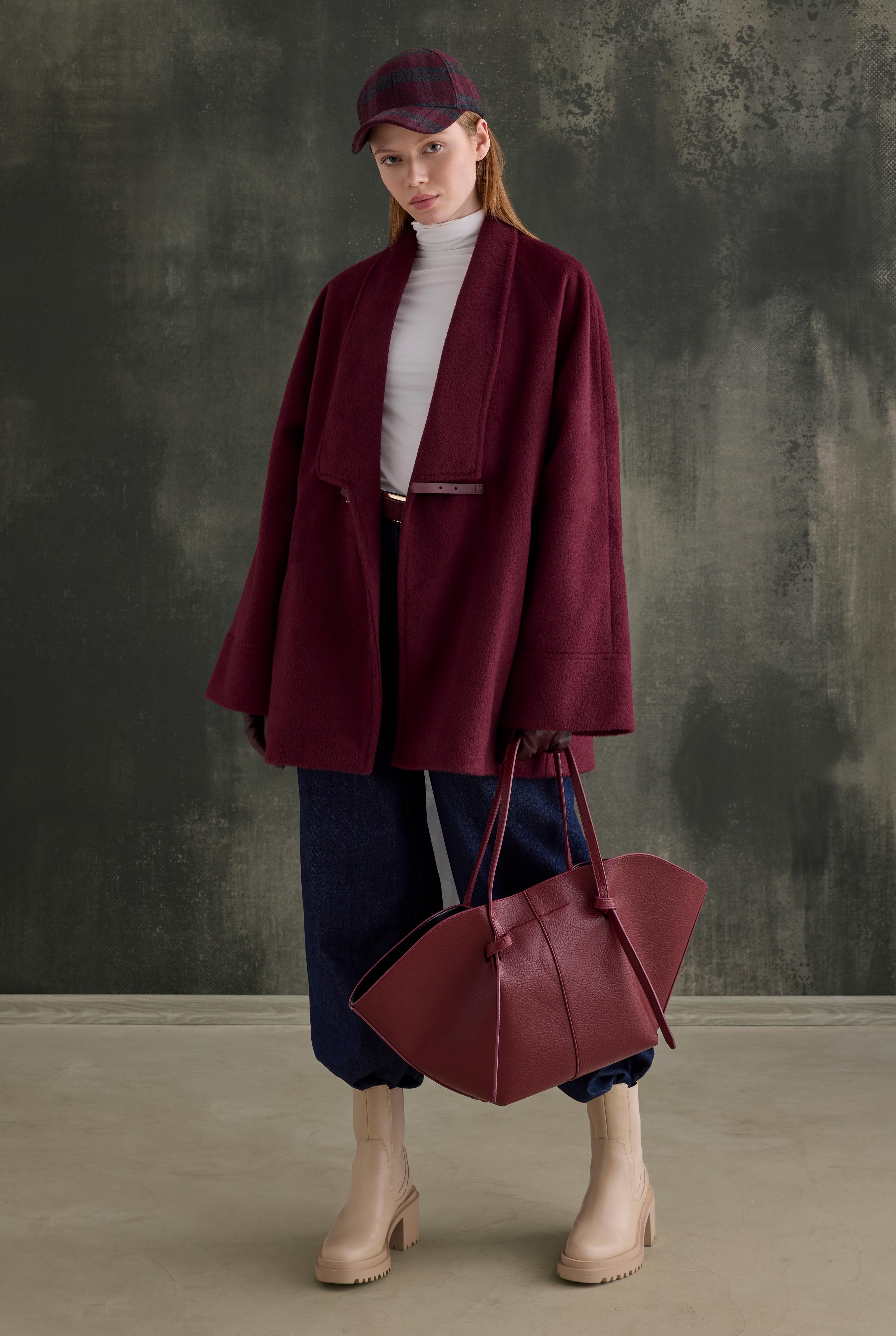 Belt Detailed Coat Bordeaux - 3